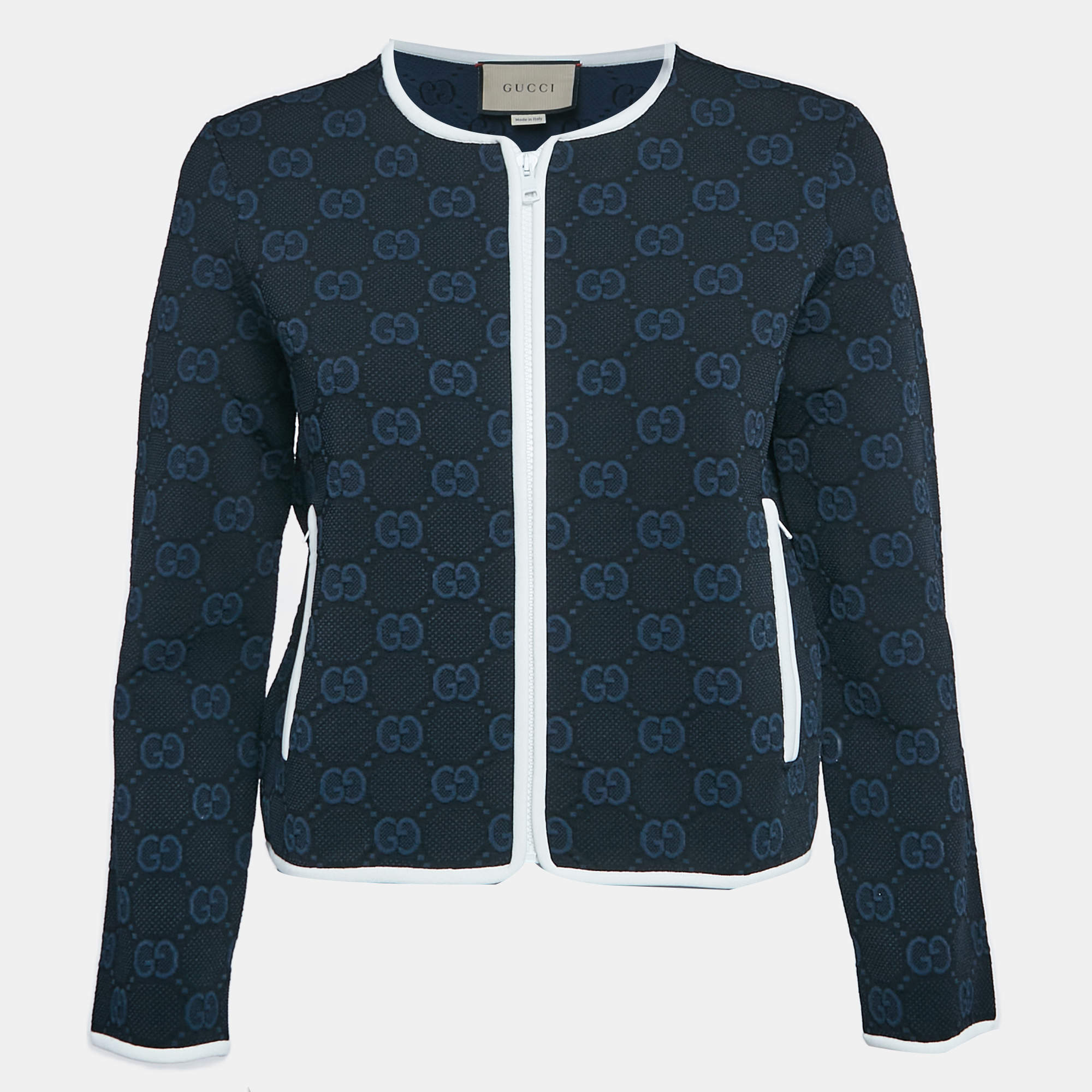 Pre Owned Gucci Navy Blue Zima Jacquard Knit Zip-Up Cardigan L