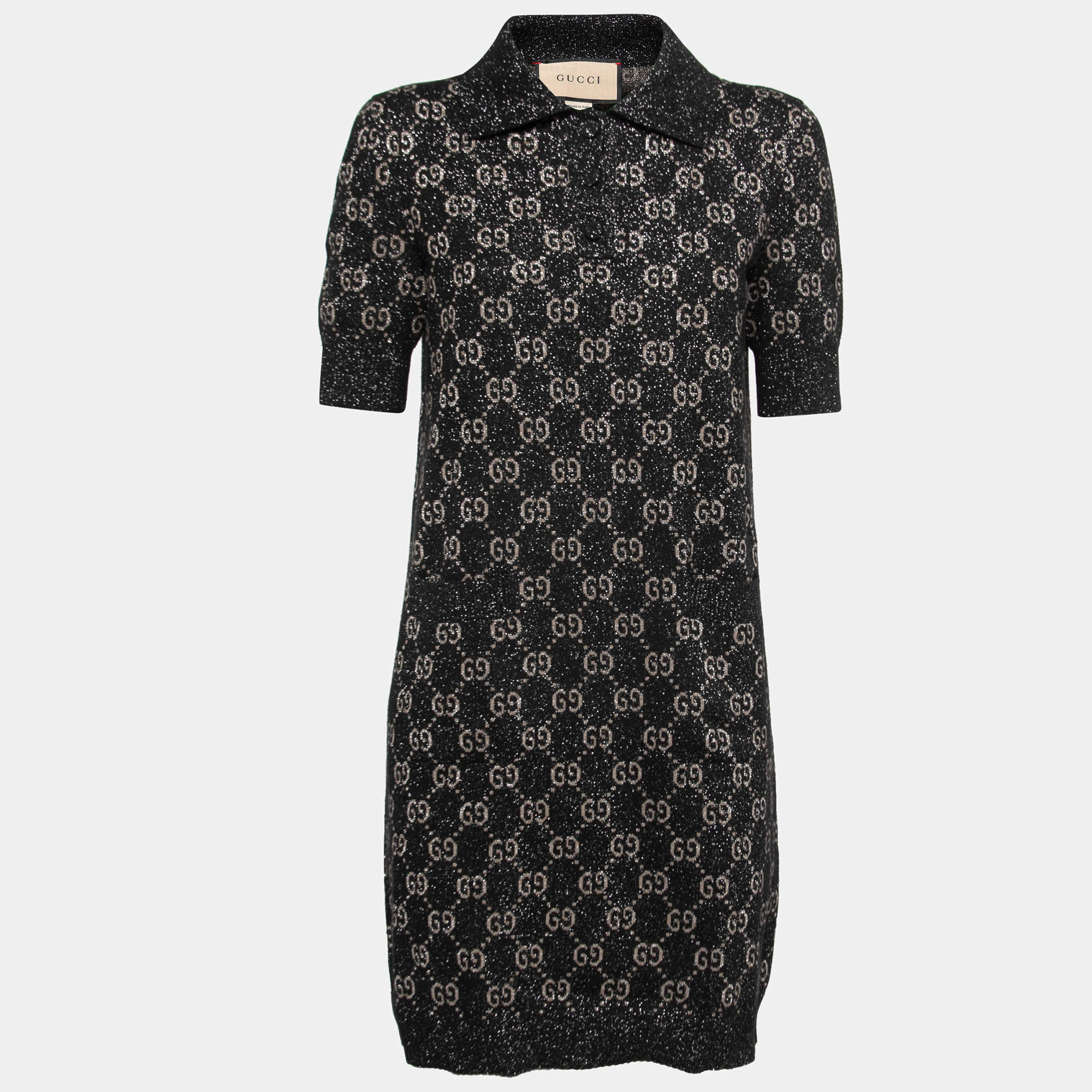 Gucci Black GG Supreme Jacquard Lurex Knit Mini Polo Dress XL
