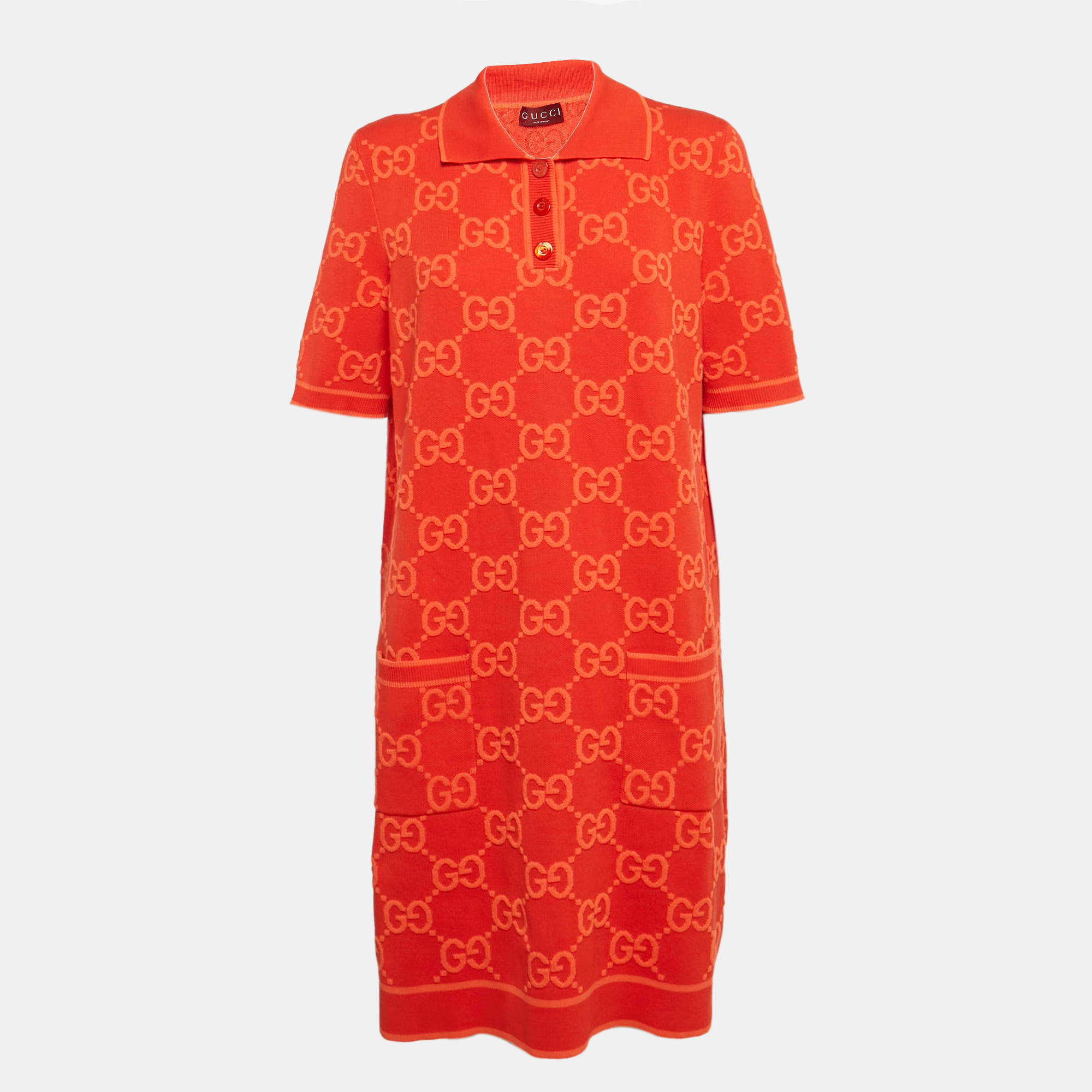 Pre Owned Gucci Red GG Jacquard Cotton Knit Midi Polo Dress XL