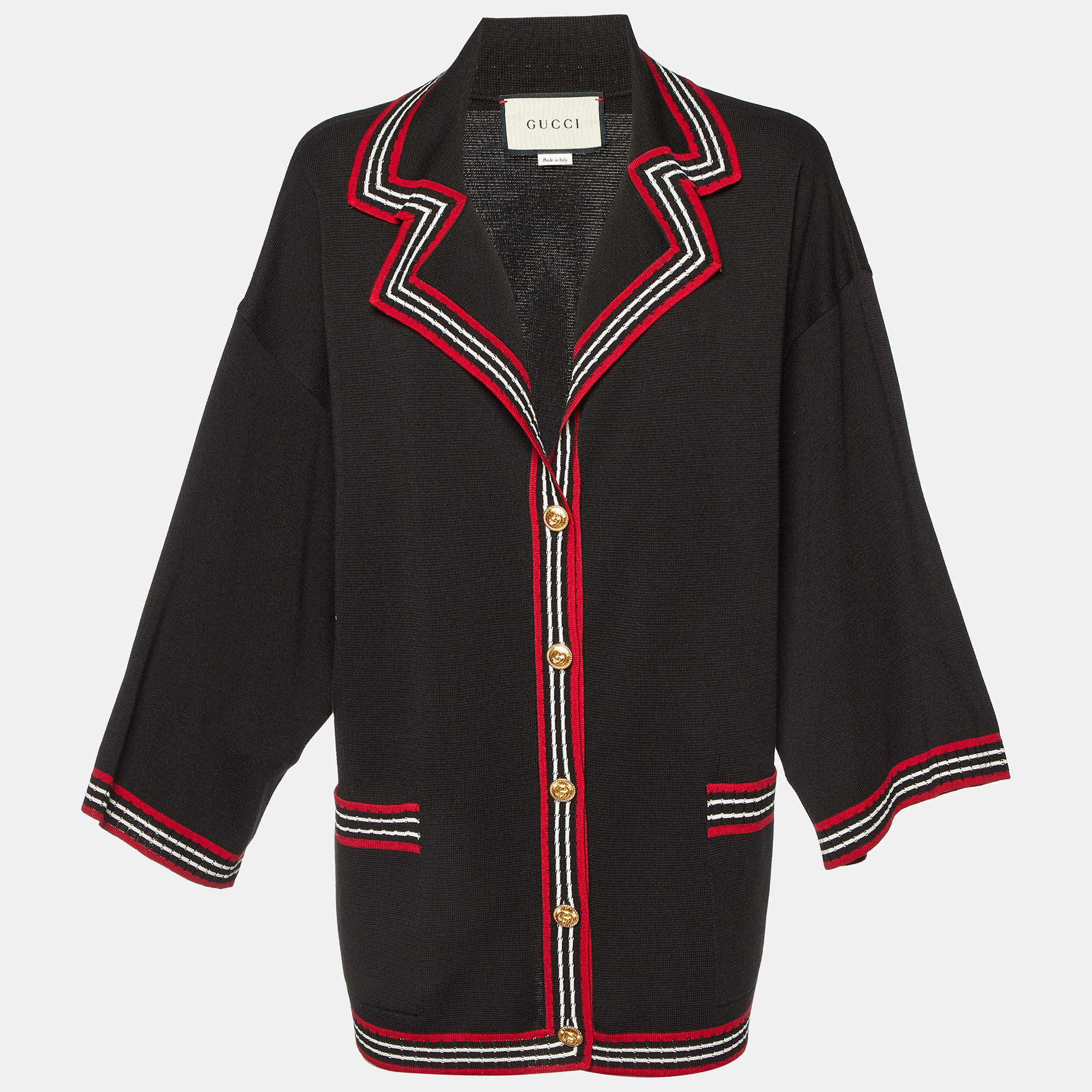 Pre Owned Gucci Black Striped Silk & Cotton Knit Cardigan M