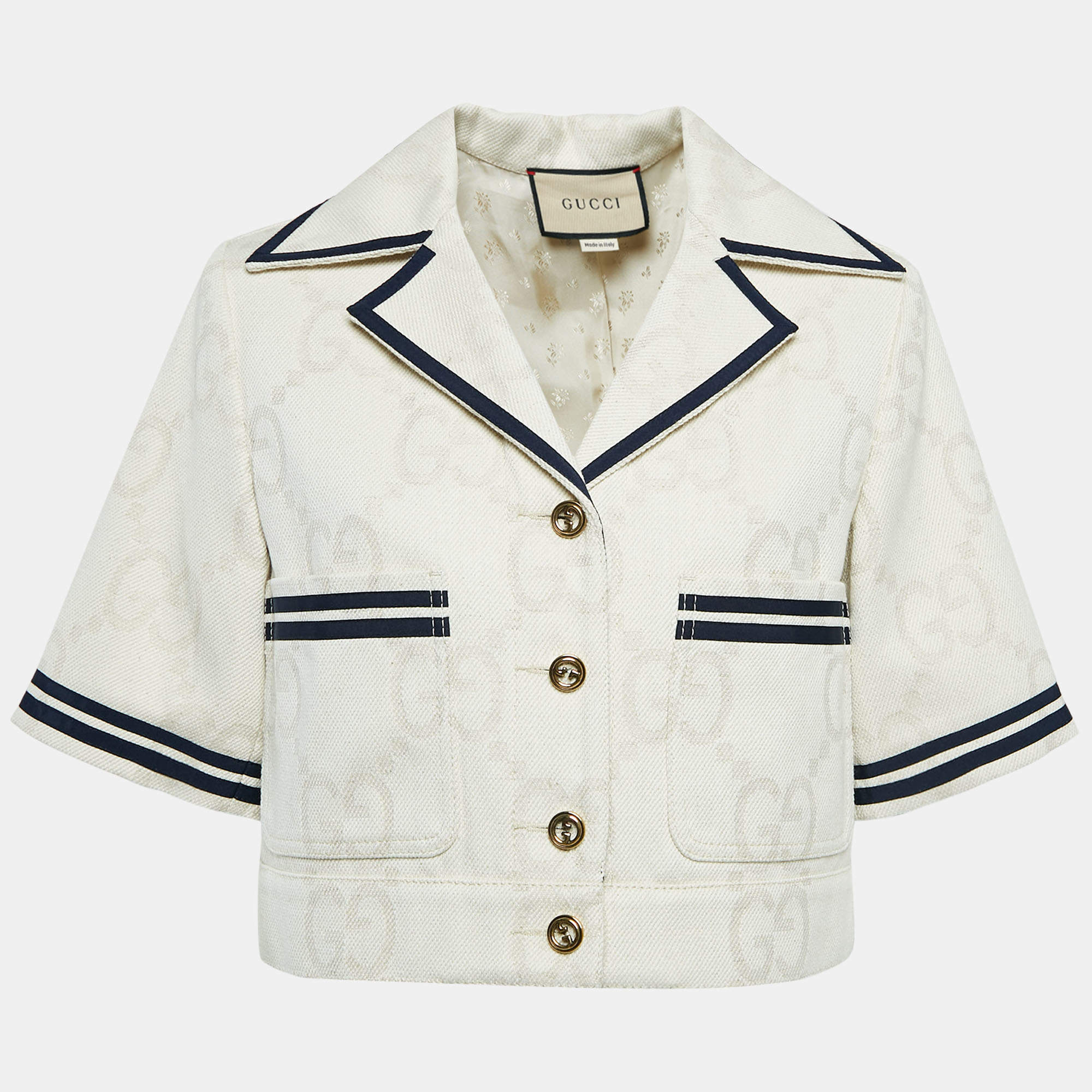 Pre Owned Gucci Light Beige Supreme Jacquard Canvas Crop Jacket M