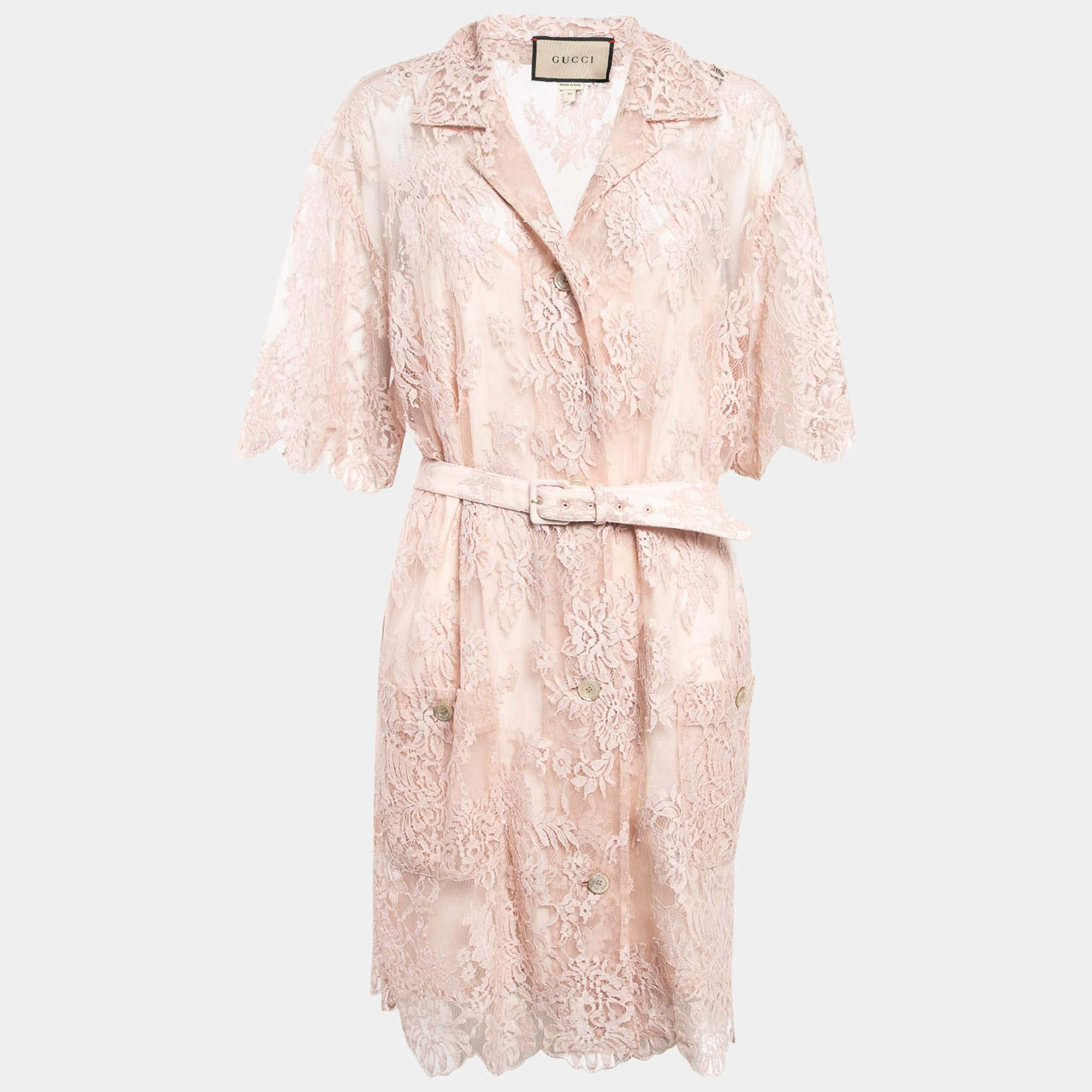 Gucci Pink Floral Lace Belted Shirt Dress XL