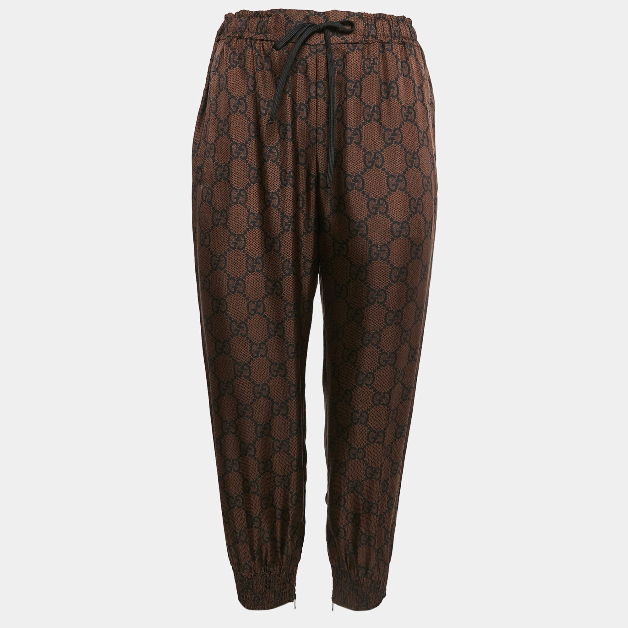 Pre Owned Gucci Brown Zima Print Silk Contrast Lurex Tape Trim Joggers M
