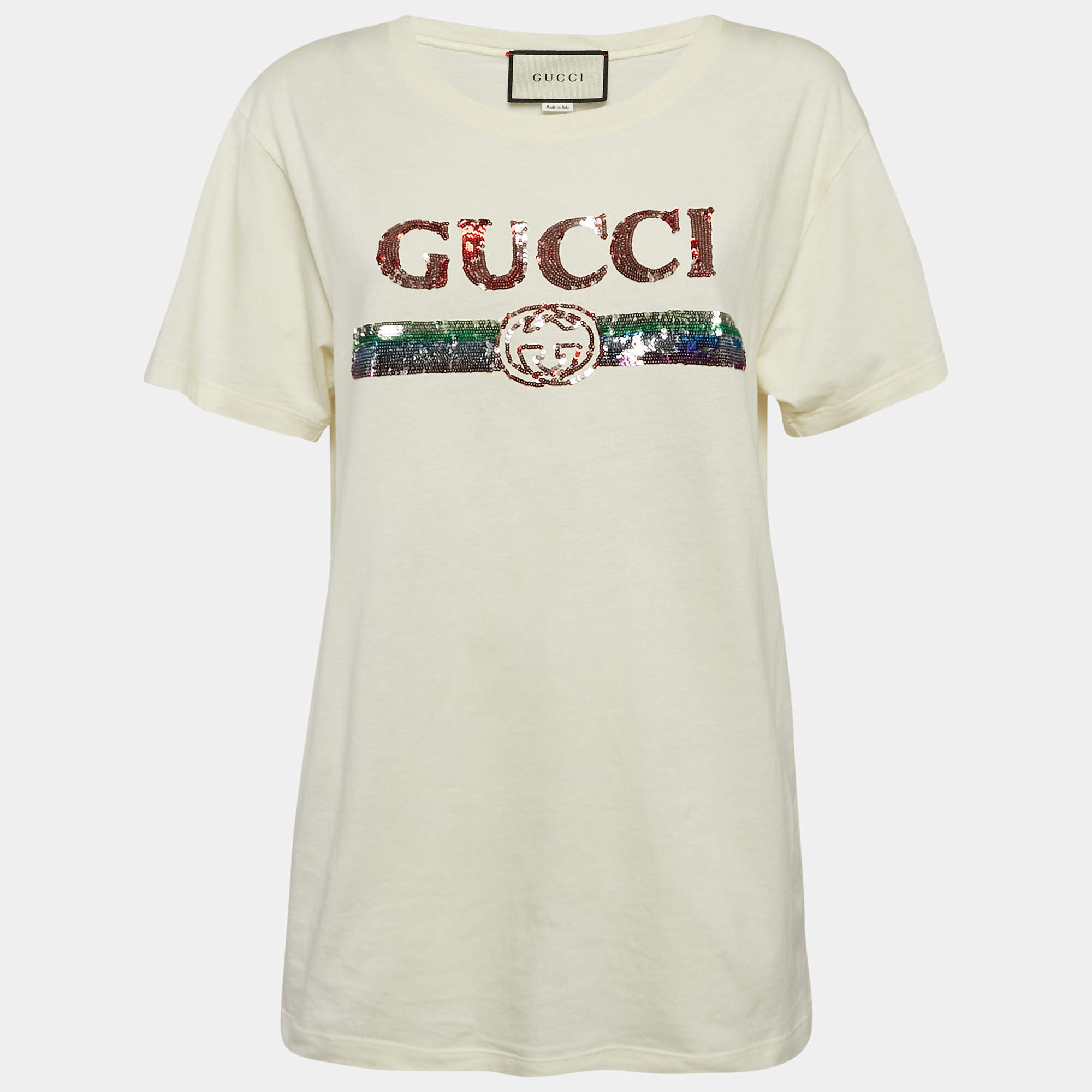 Gucci Cream Logo Sequin Embellished Round Neck Oversize T-Shirt S