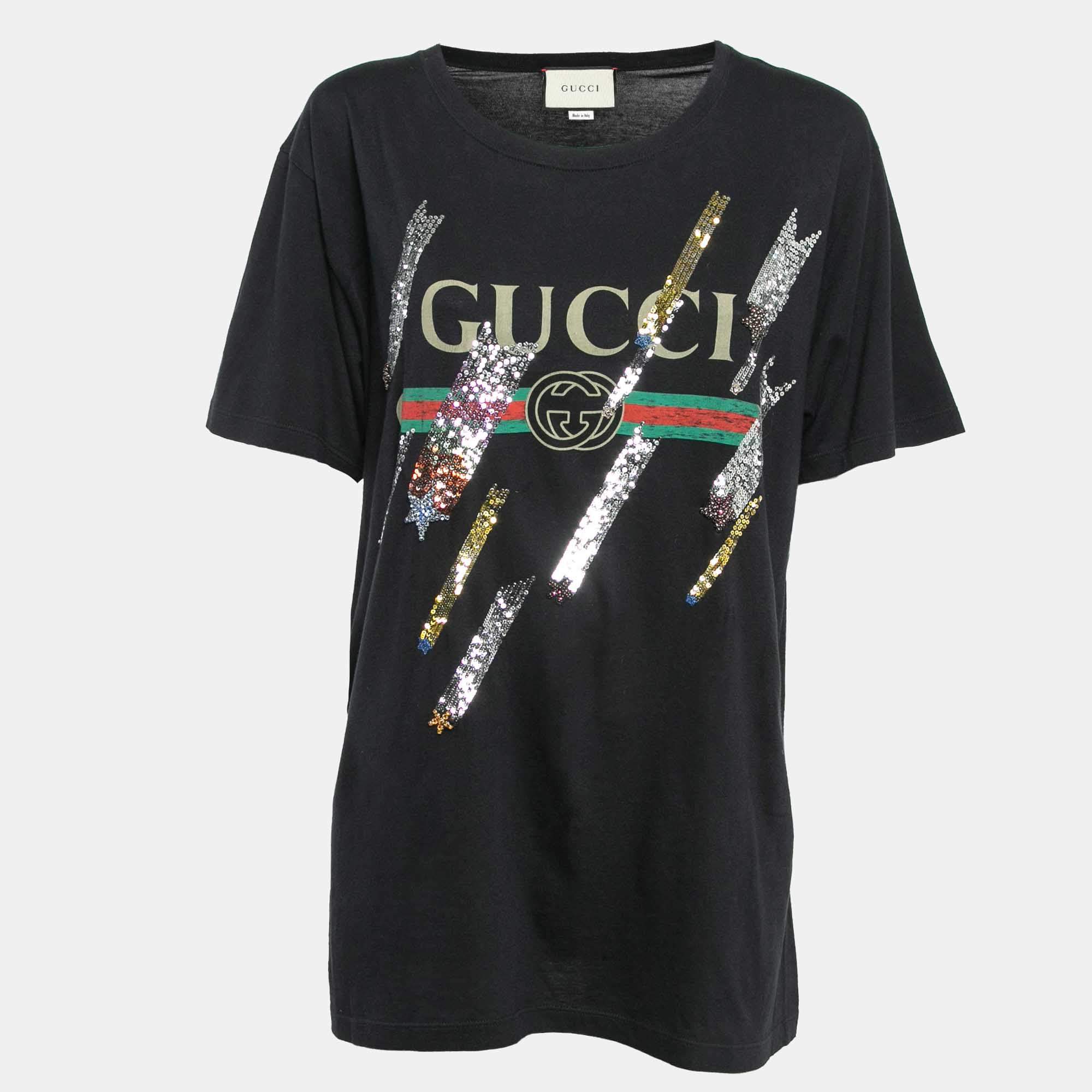 Gucci Black Web Print Jersey Sequin Detail T-Shirt M