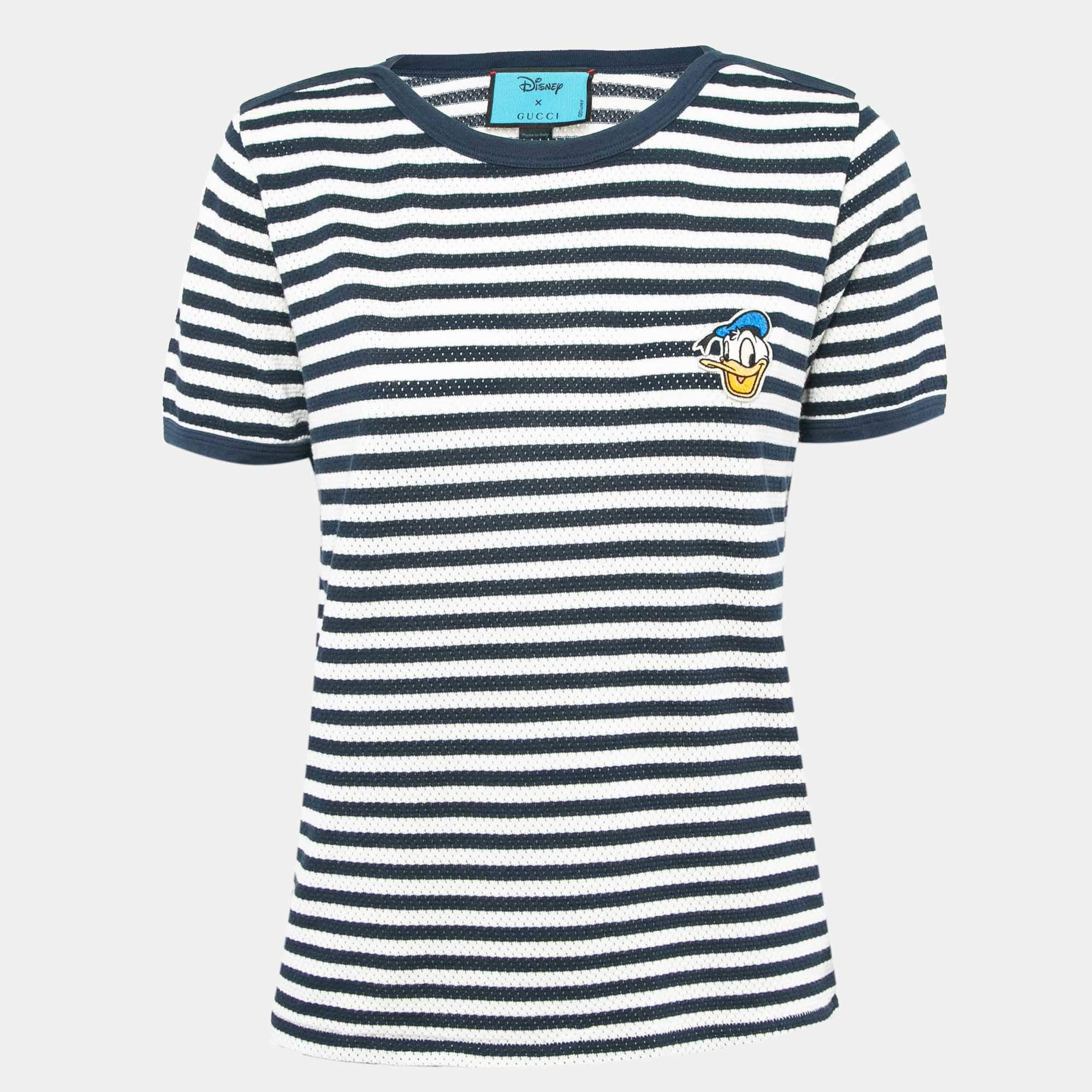 Gucci X Disney Navy Blue Striped and Pinhole Cotton T-Shirt L