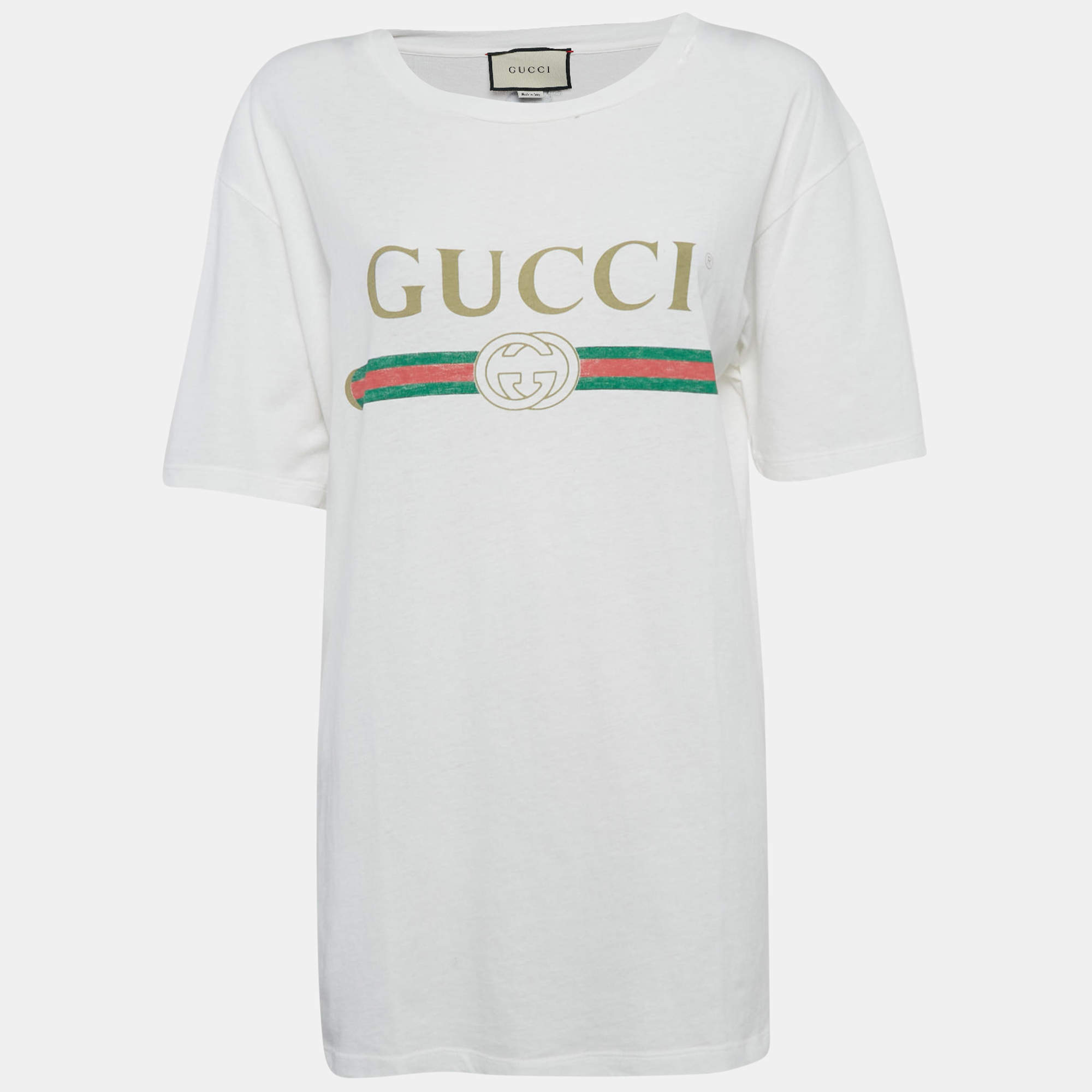 Pre Owned Gucci White Floral Embroidery Cotton Distressed Neck T-Shirt XL