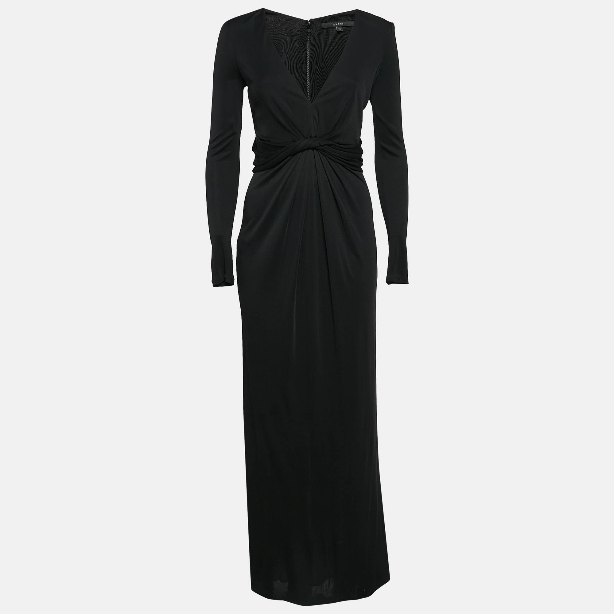 Pre Owned Gucci Black Jersey Gathered V-Neck Maxi Dress S