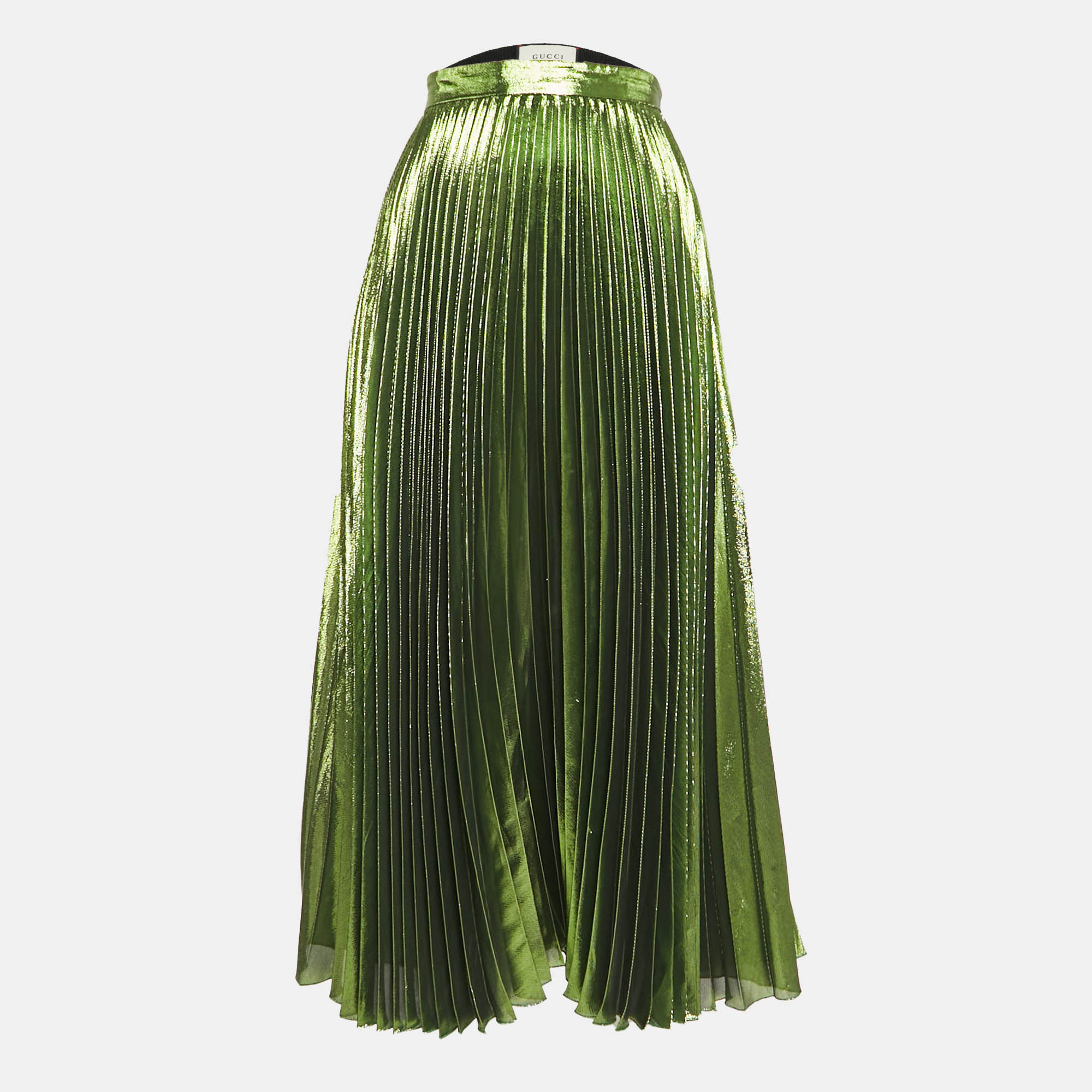 Pre Owned Gucci Metallic Green Lamé Silk Plisse Midi Skirt M