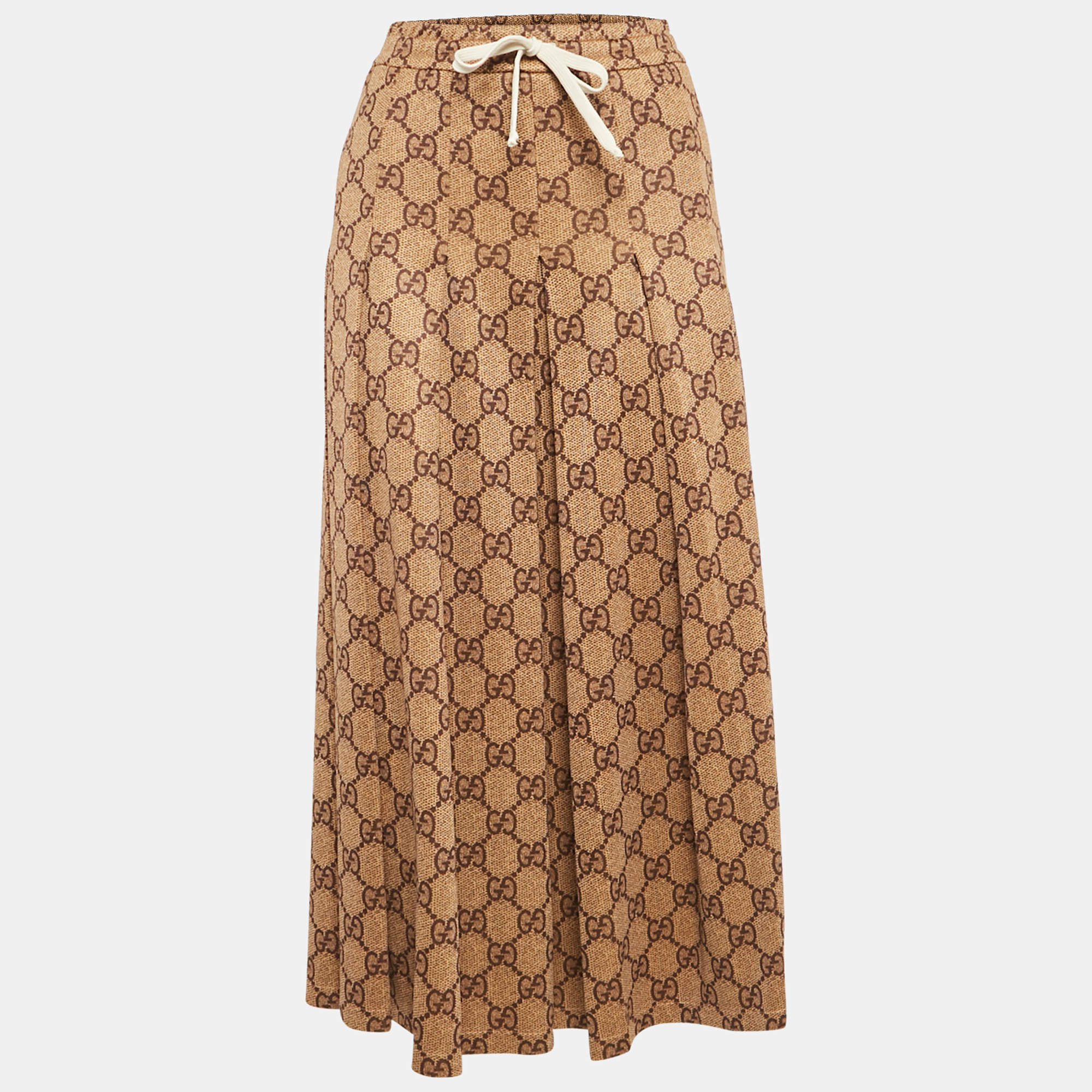 Pre Owned Gucci Brown GG Print Jersey Drawstring Pleated Midi Skirt M