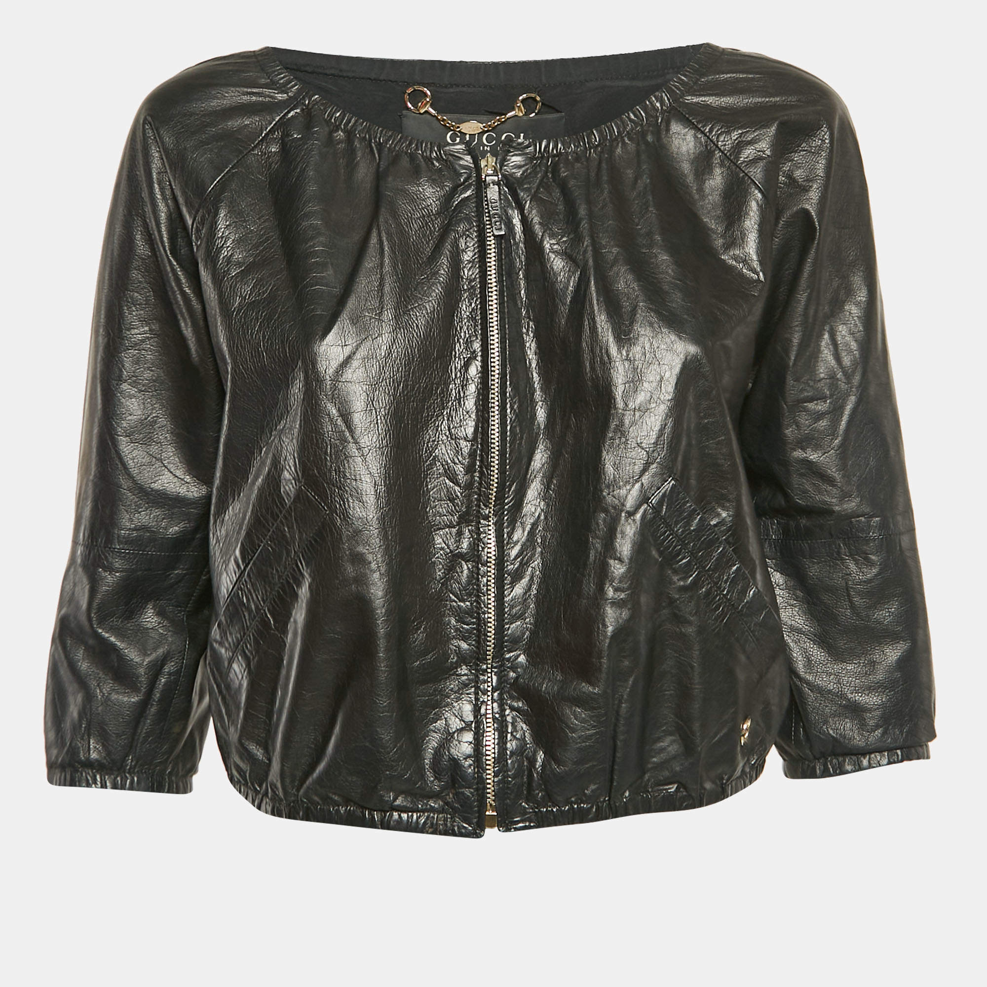 Pre Owned Gucci Black Genuine Leather Zip-Up Jacket S