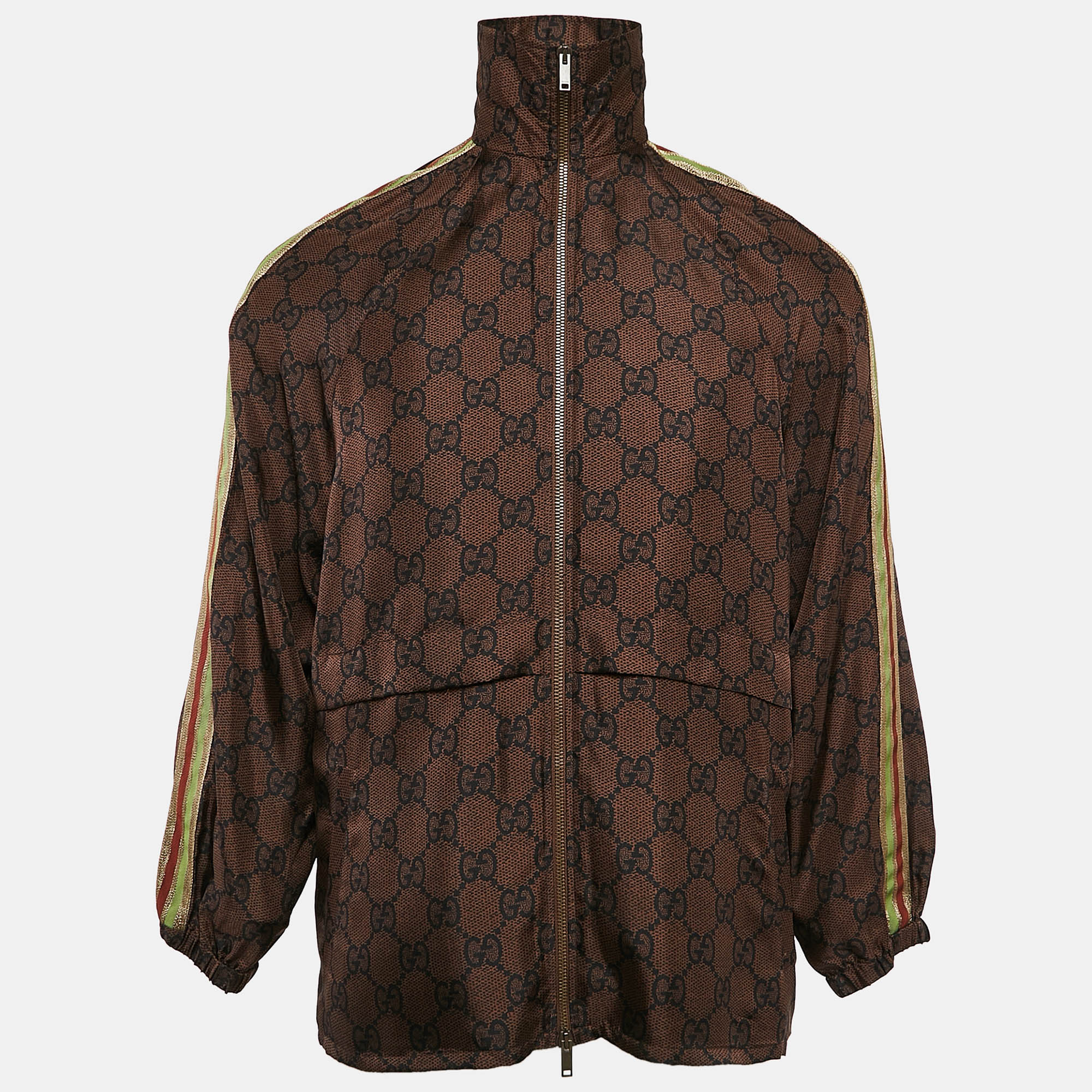 Pre Owned Gucci Brown GG Supreme Print Silk Zip-Up Jacket XS