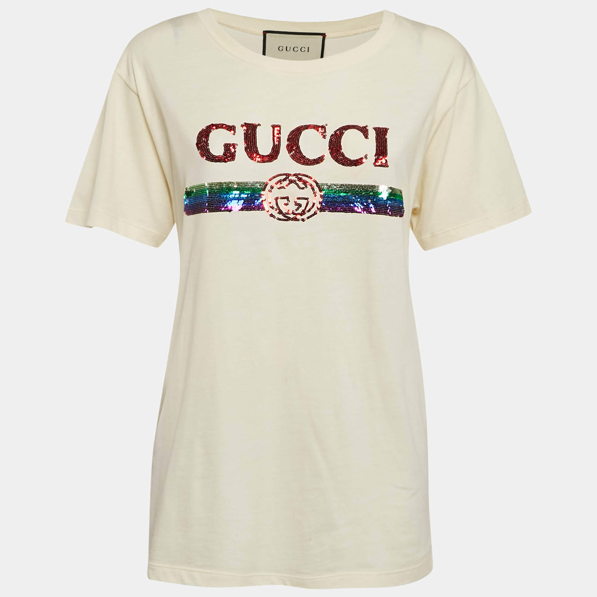 Pre Owned Gucci Cream Sequin Logo Cotton Crew Neck T-Shirt L