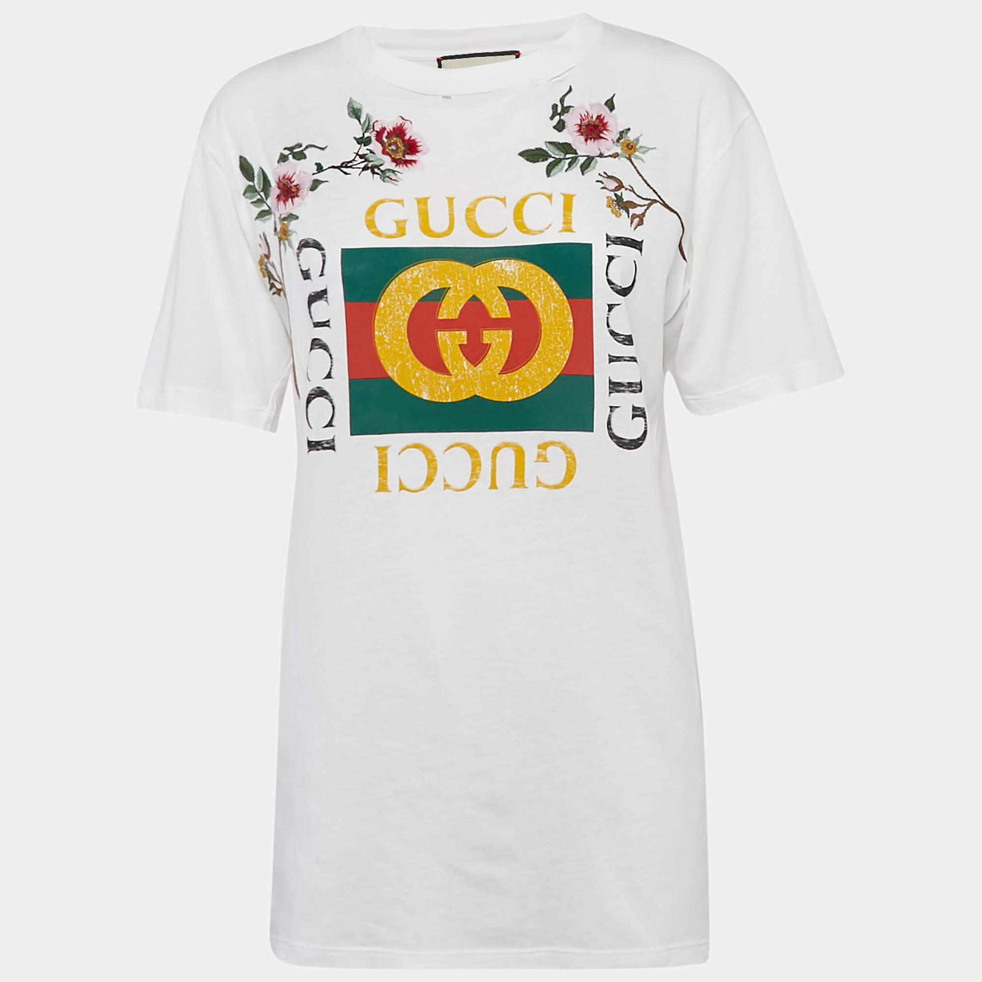 Pre Owned Gucci White Floral Embroidery Cotton Distressed T-Shirt XXS