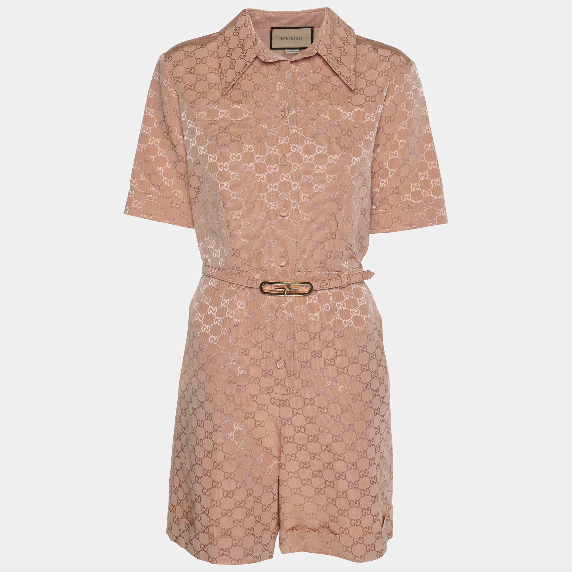 Pre Owned Gucci Pink GG Supreme Cotton Blend Belted Playsuit S