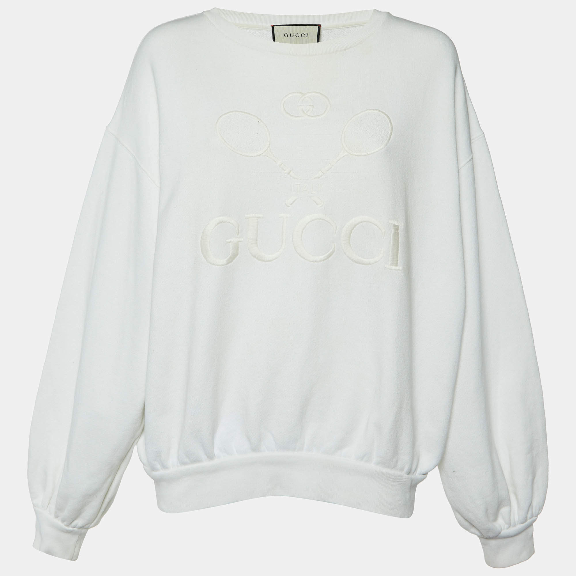 Pre Owned Gucci White Tennis Embroidered Cotton Knit Sweatshirt M