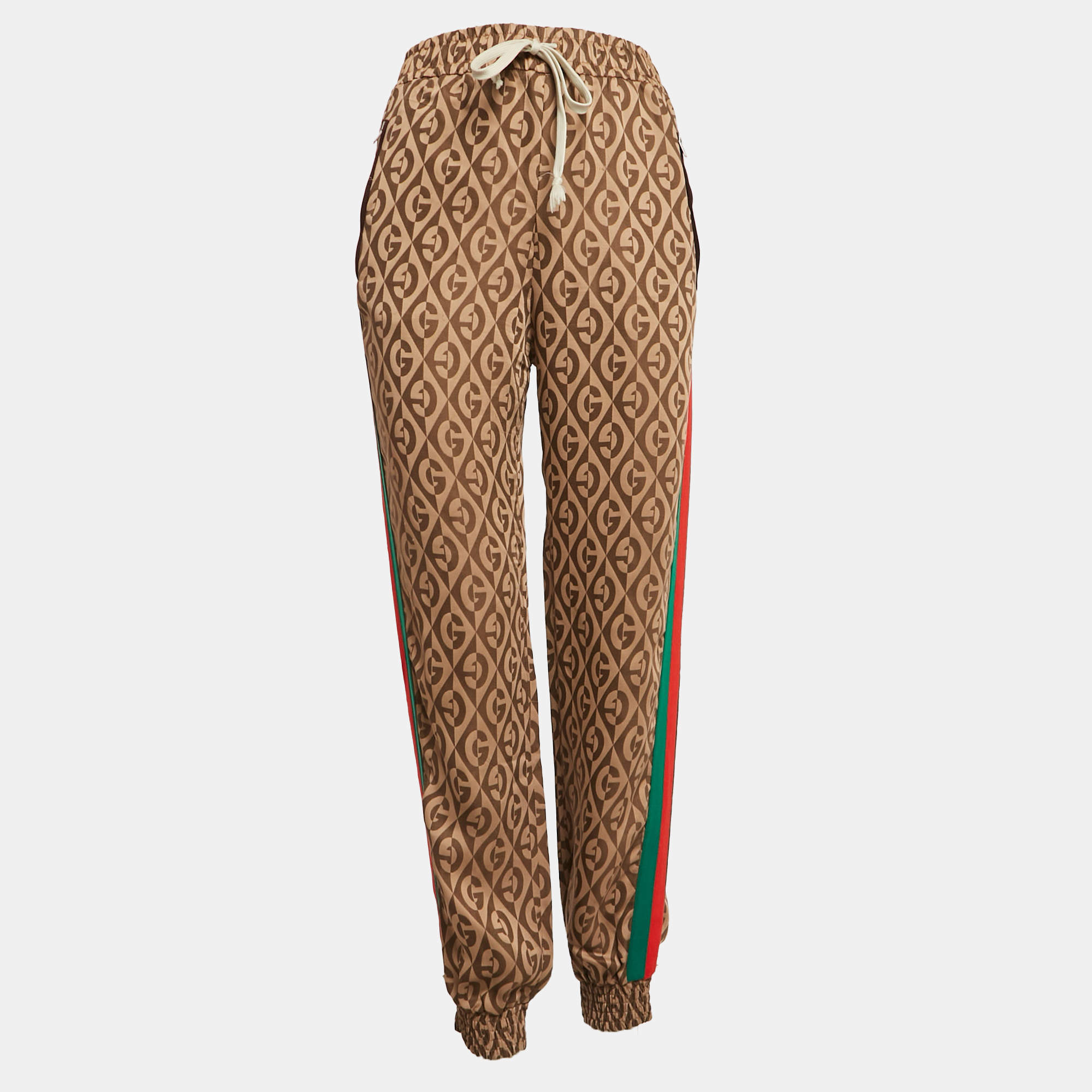 Pre Owned Gucci Brown Logo Jacquard Crepe Trackpants S