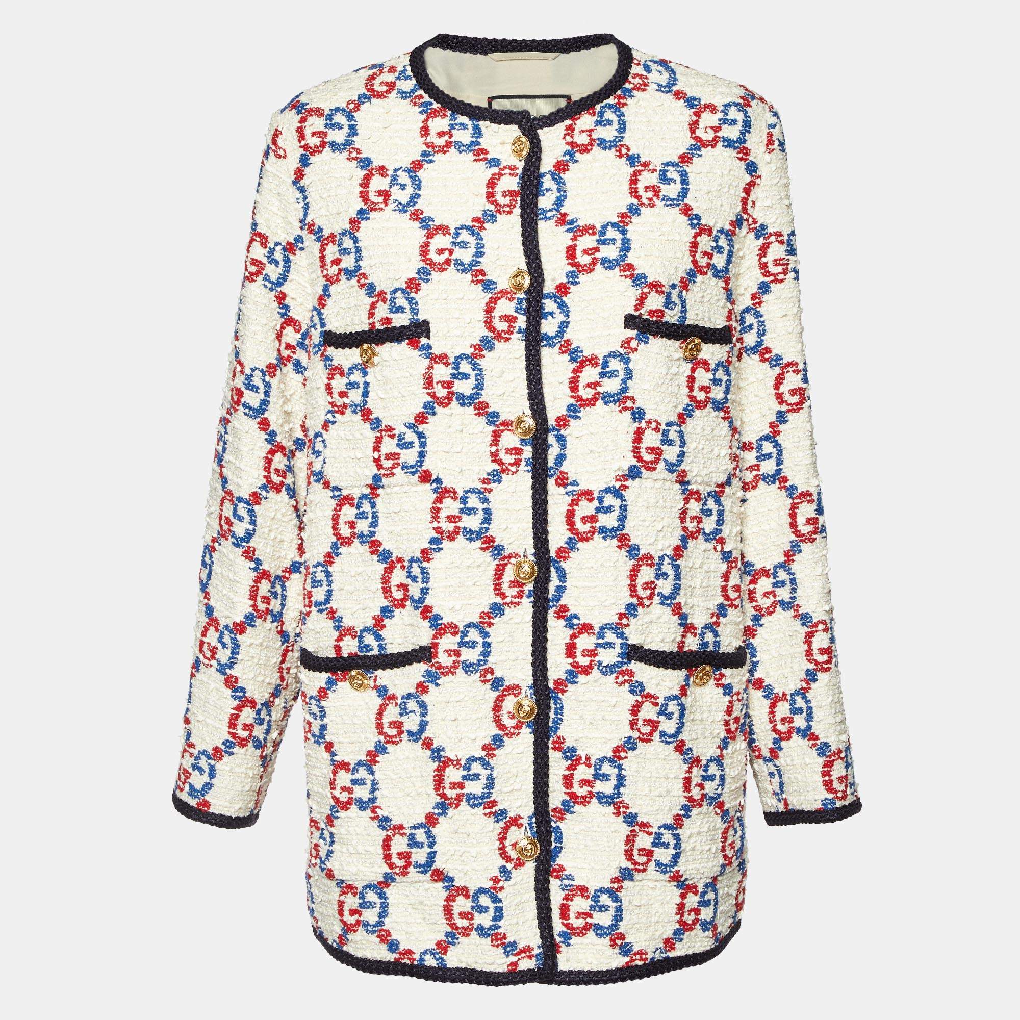 Gucci Cream GG Supreme Jacquard Tweed Coat L