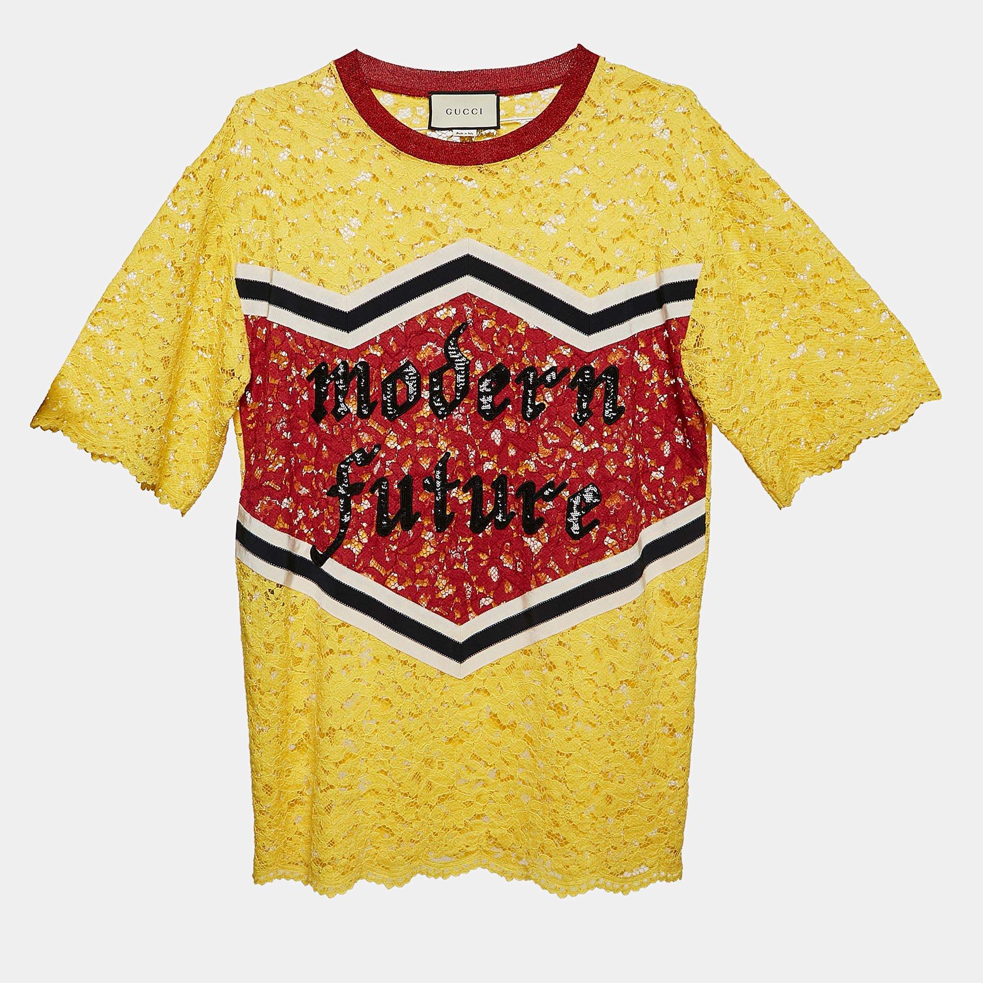 Gucci Yellow/Red Modern Future Sequin and Lace Crew Neck T-Shirt M