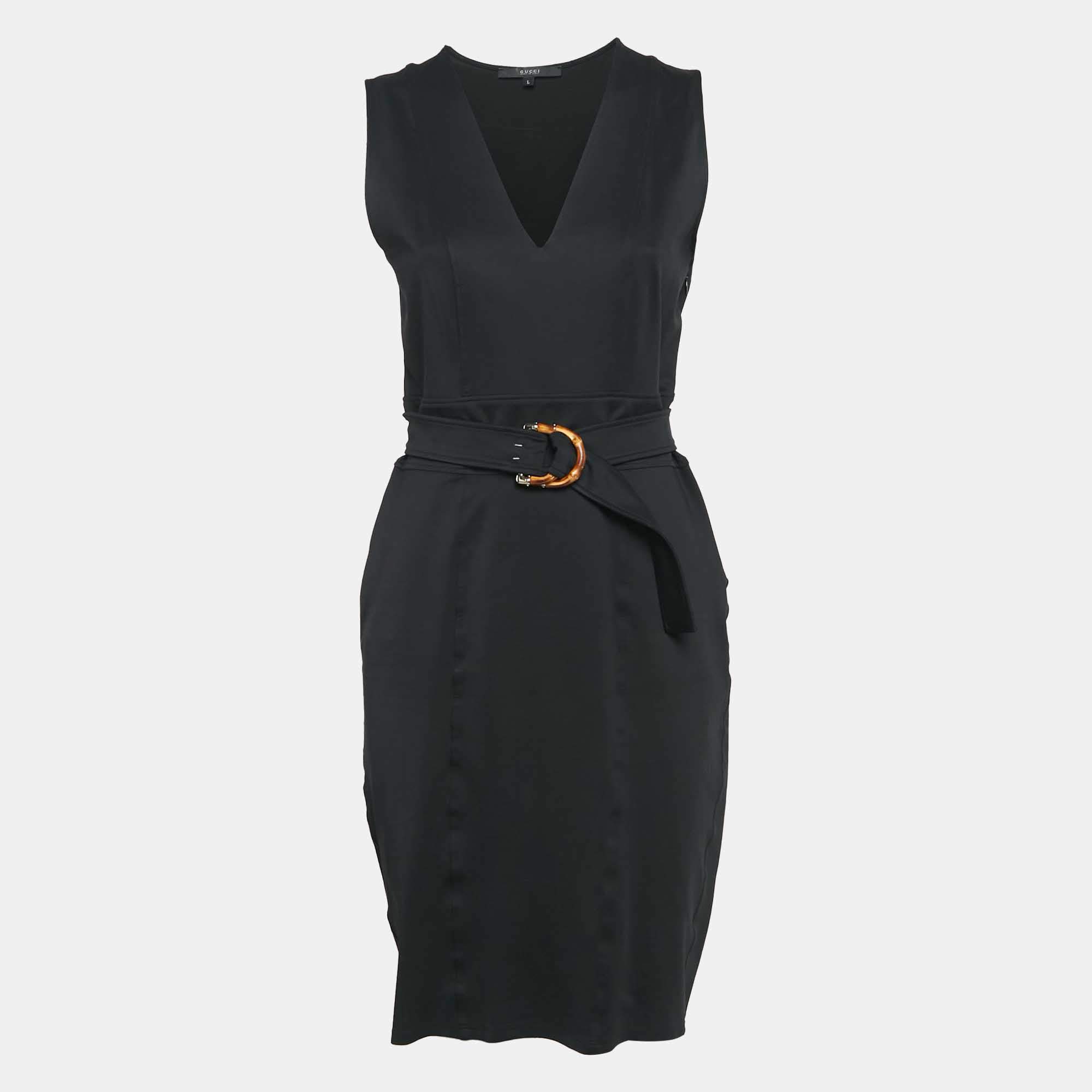 Gucci Black Jersey Belted Sleeveless Mini Dress L