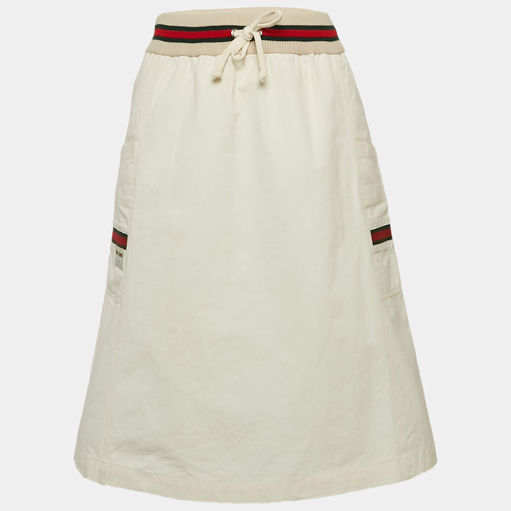 Gucci Cream Web Stripe Trim Cotton  Knee Length Skirt M