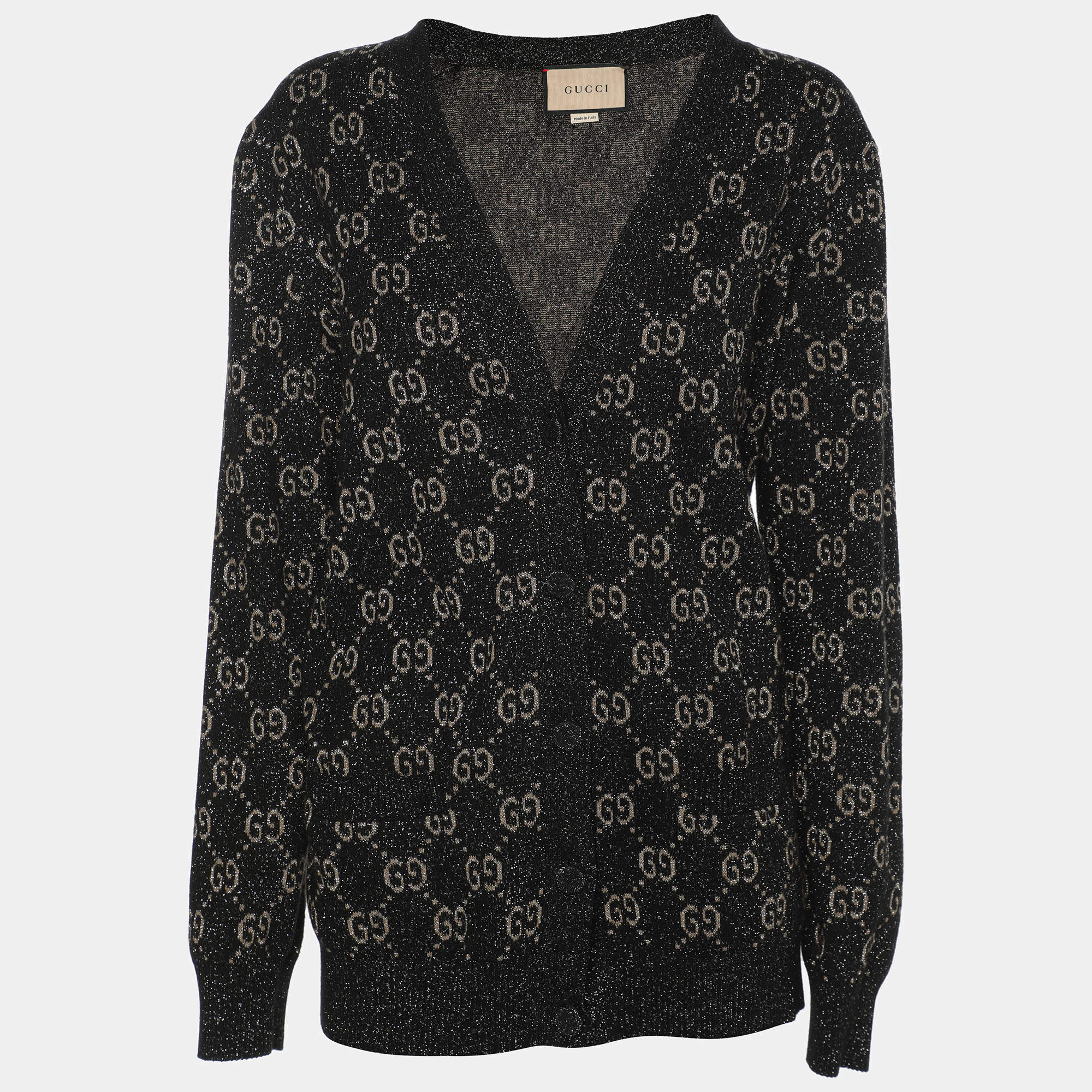 Gucci Black GG Lurex Knit Button Front Cardigan L