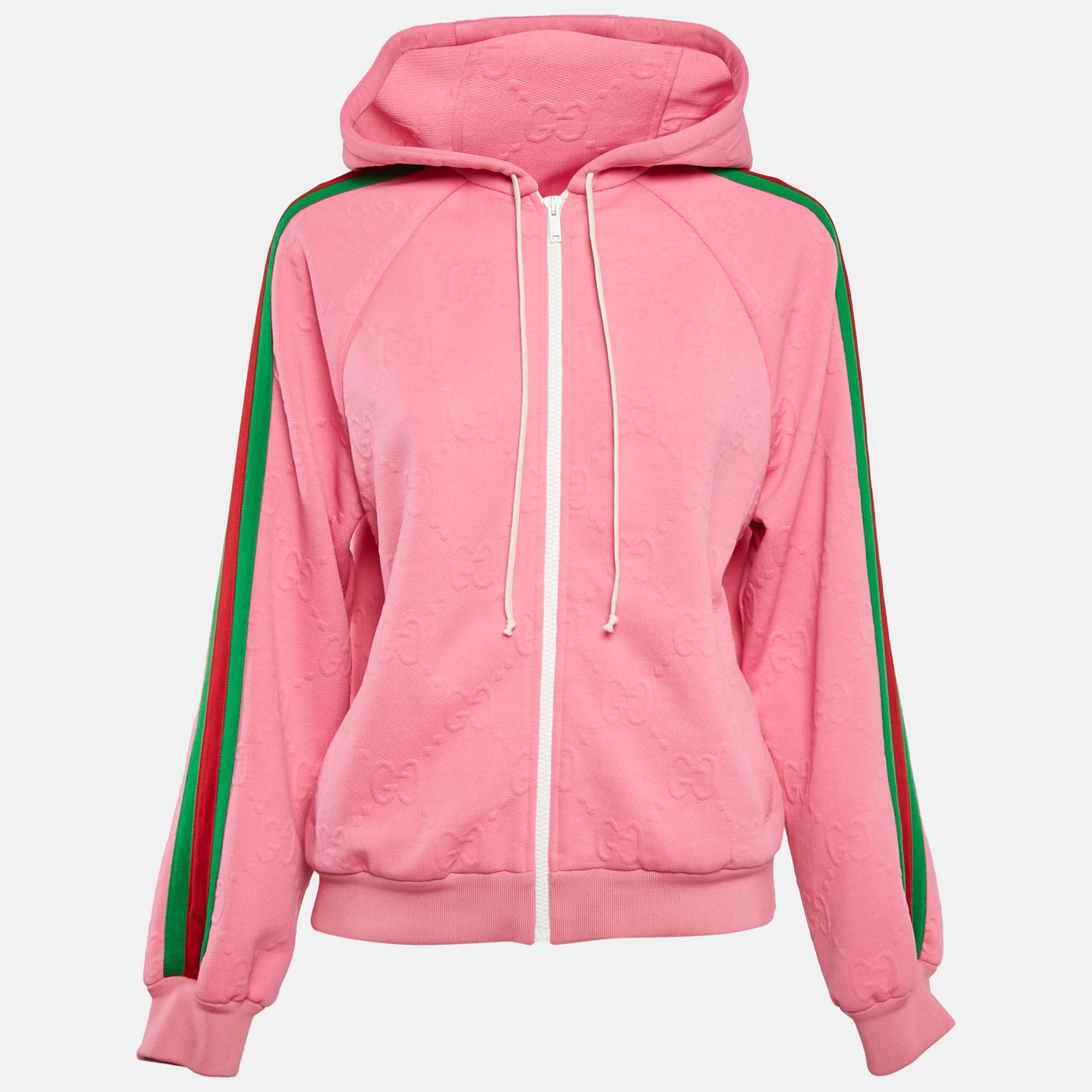 Pre Owned Gucci Pink  GG Jersey Jacquard Web Stripe Zip-Up Jacket S