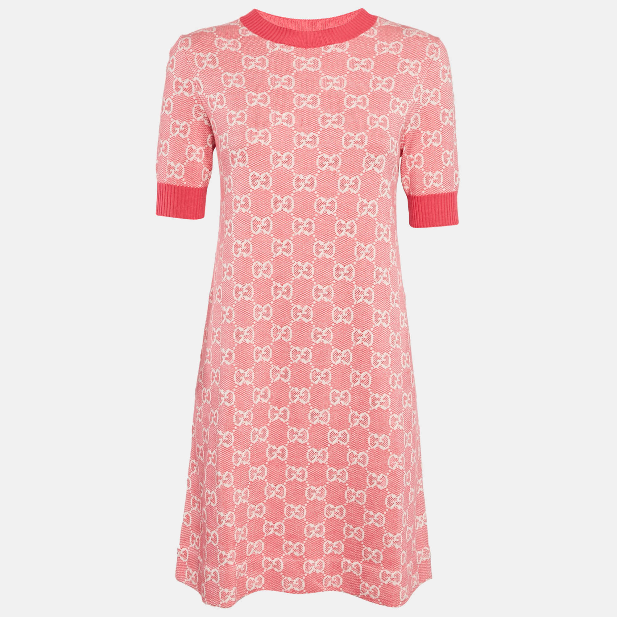 Pre Owned Gucci Pink GG Supreme Jacquard Knit Mini Dress S