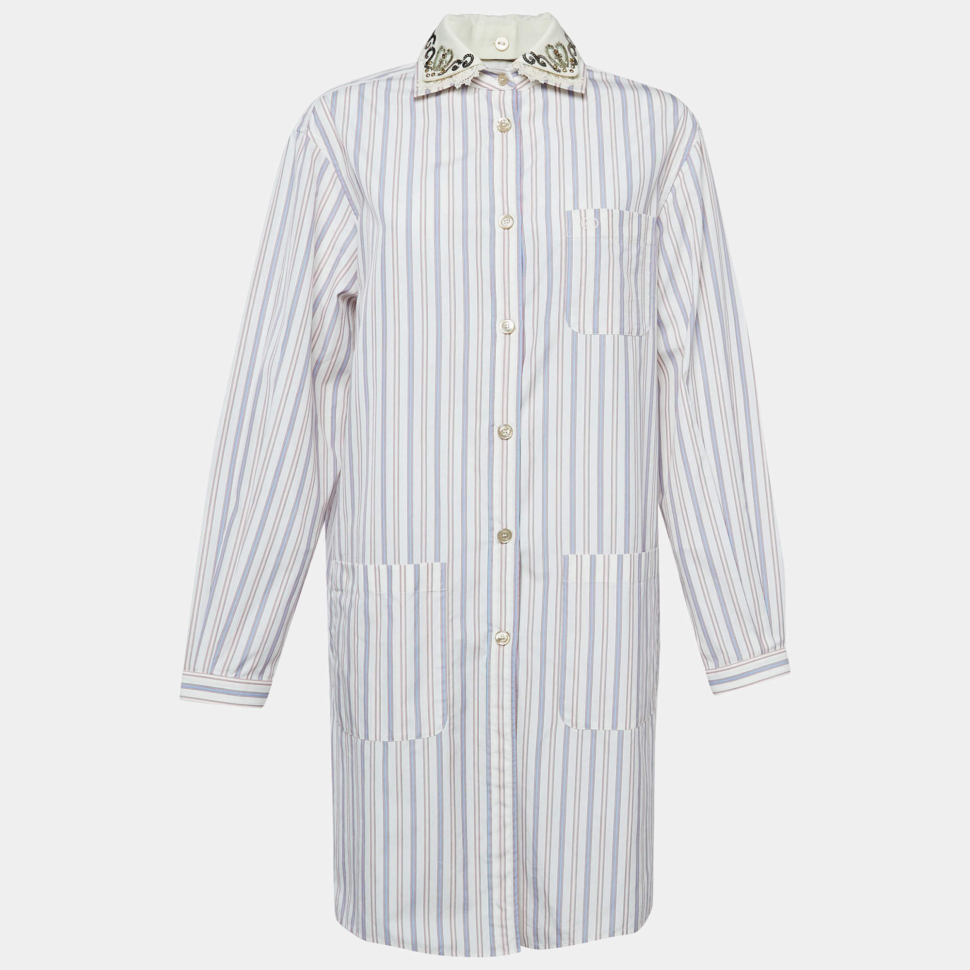 Gucci White Stripe Cotton Detachable Embellished Collar Shirt Dress M