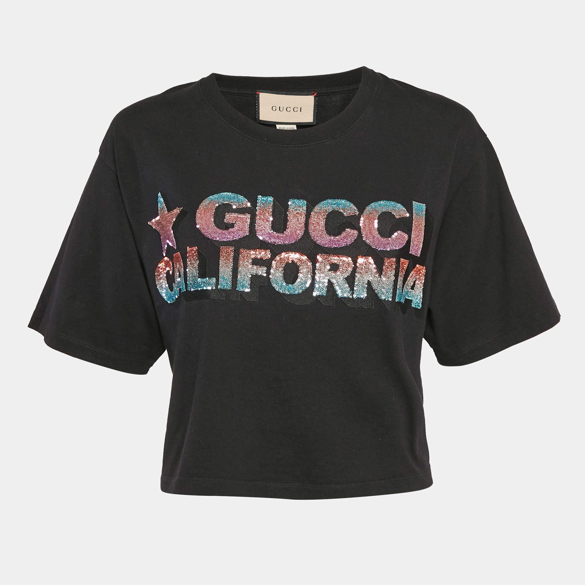 Pre Owned Gucci Black Sequin Embroidered Cotton Crop T-Shirt M