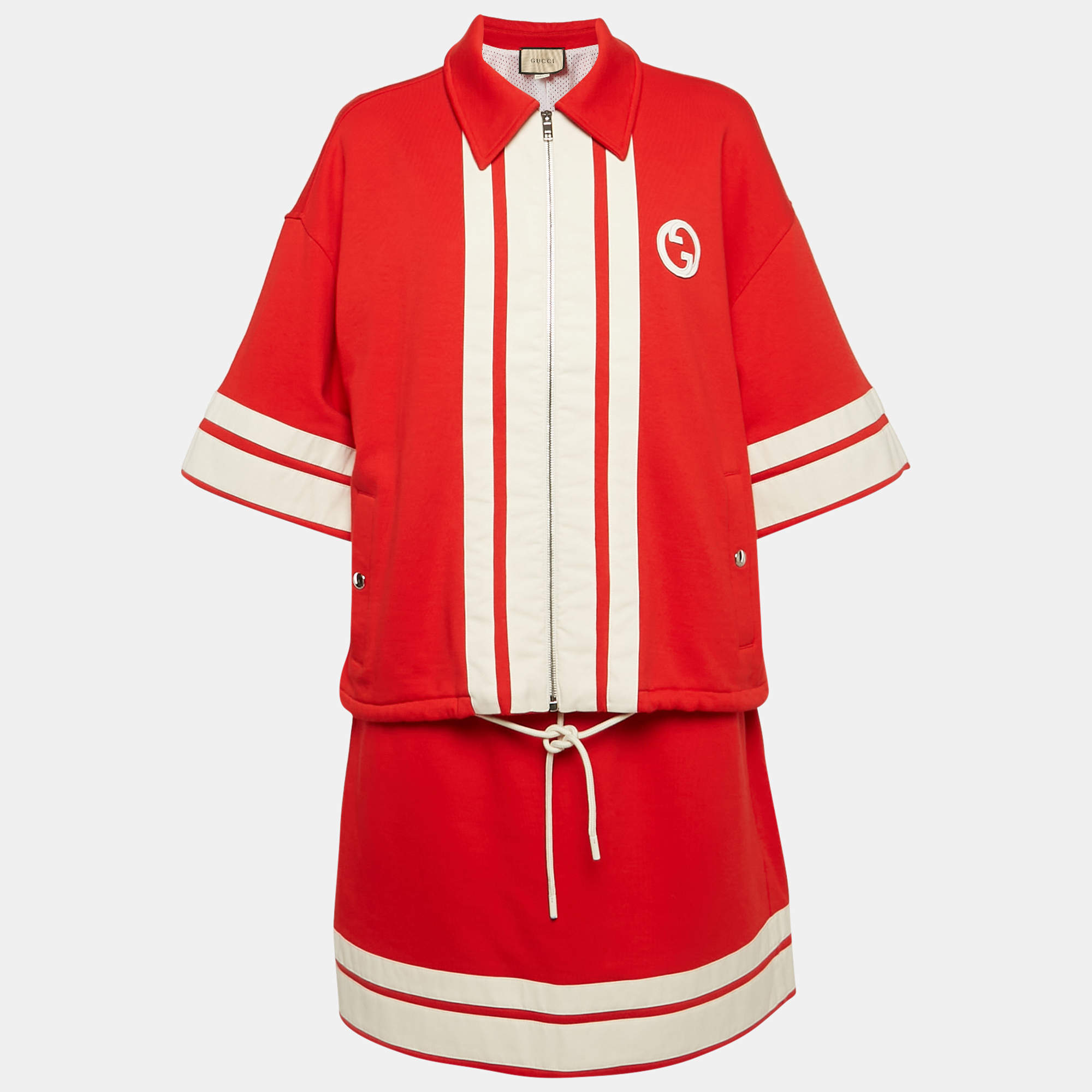 Gucci Red Round Interlocking Applique Jersey Skirt and Jacket Set L