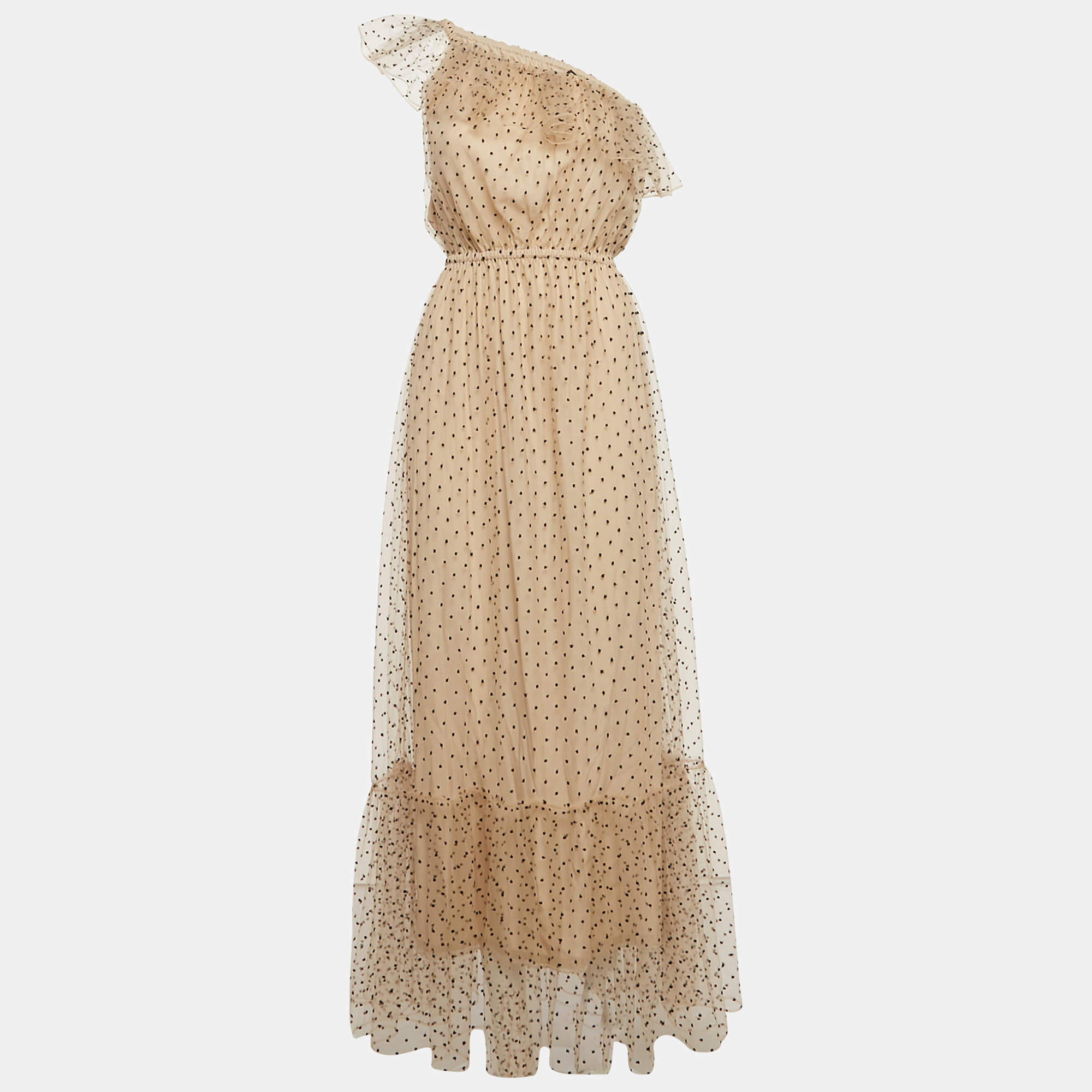 Pre Owned Gucci Beige Swiss Dot Tulle One-Shoulder Maxi Dress M