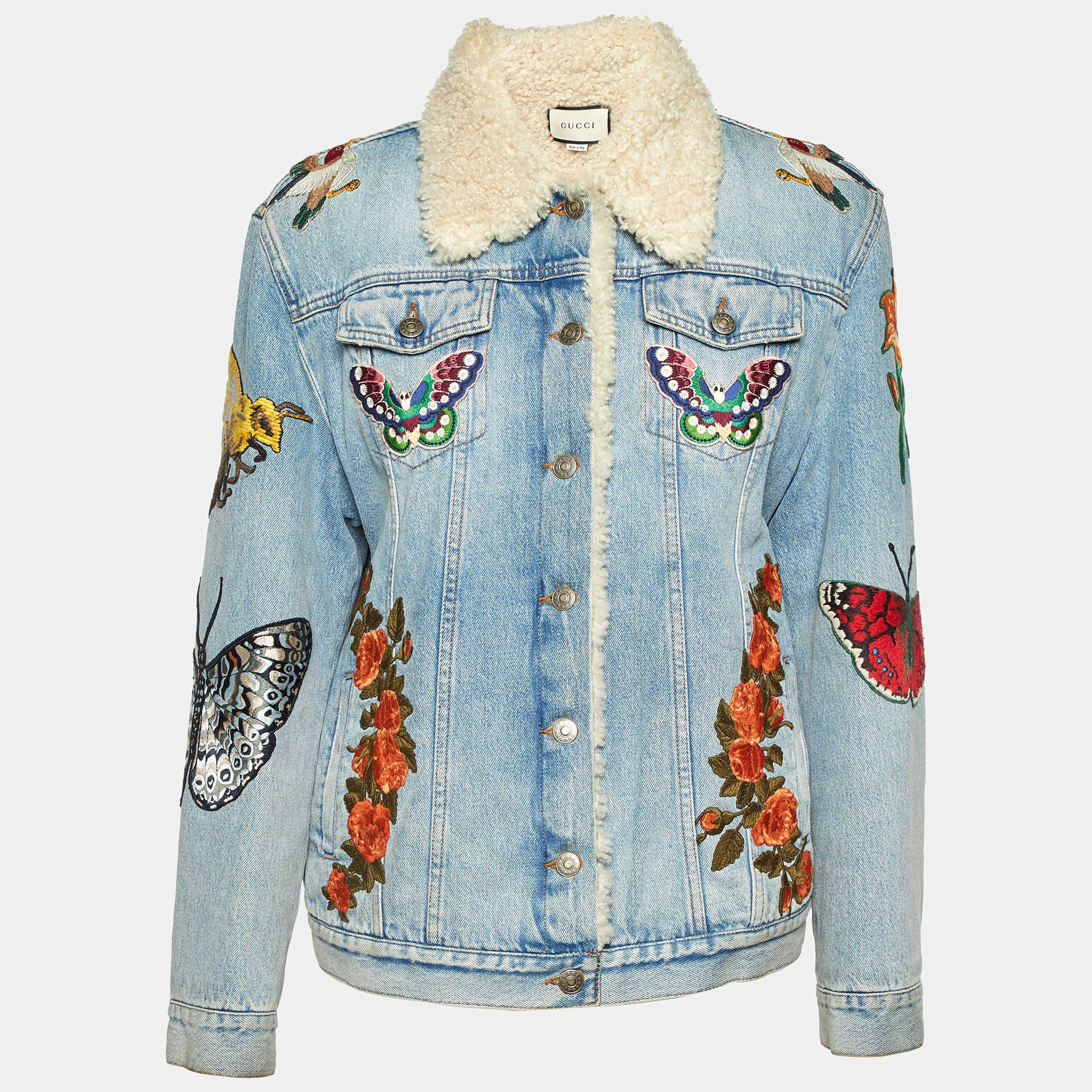 Pre Owned Gucci Blue Floral Appliqued Denim & Shearling Jacket M