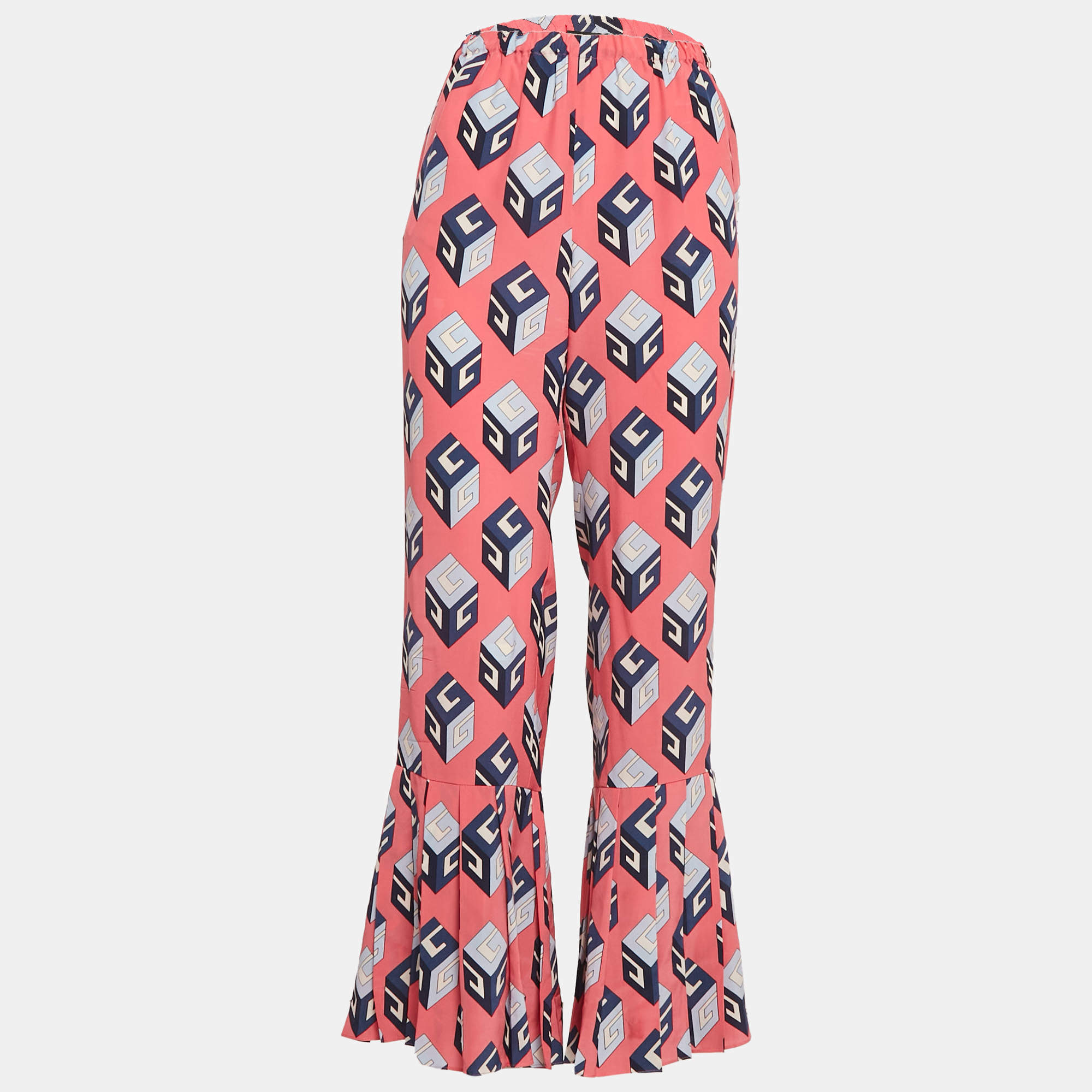Pre Owned Gucci Pink Geometric Print Silk Pleated Flare Hem Trousers S