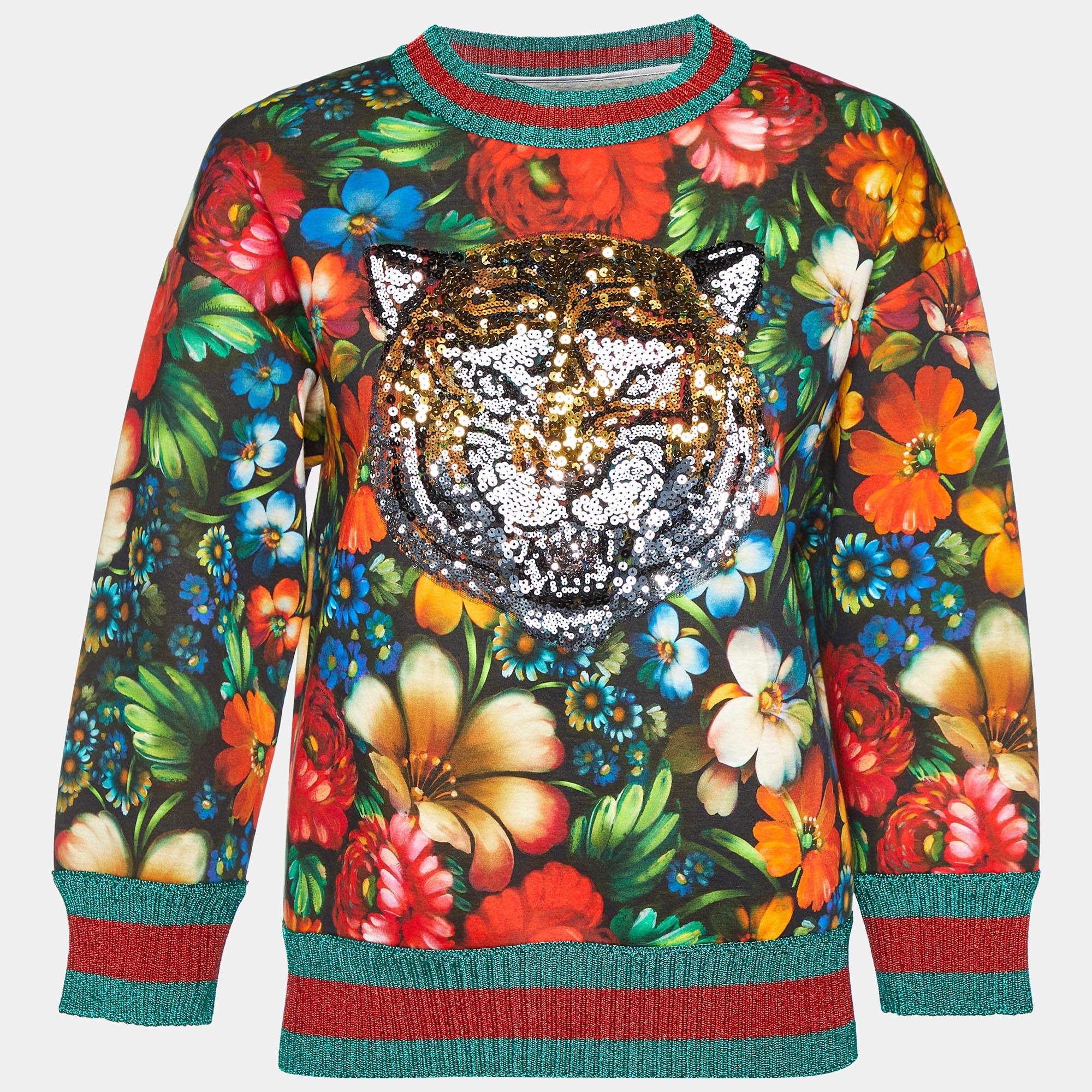 Pre Owned Gucci Multicolor Floral Print Cotton Sequined Sweatshirt S