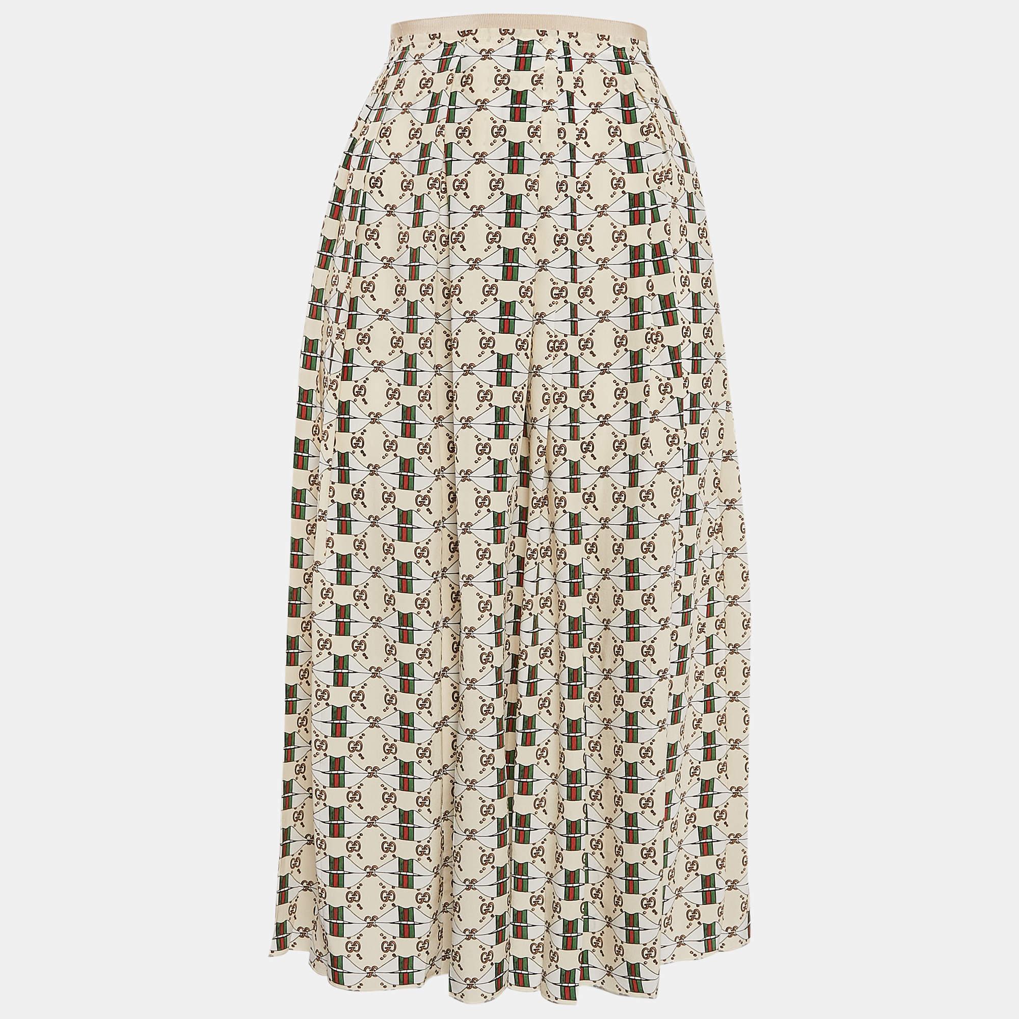 Pre Owned Gucci Beige Web Kisses & Logo Monogram Print Silk Pleated Midi Skirt S