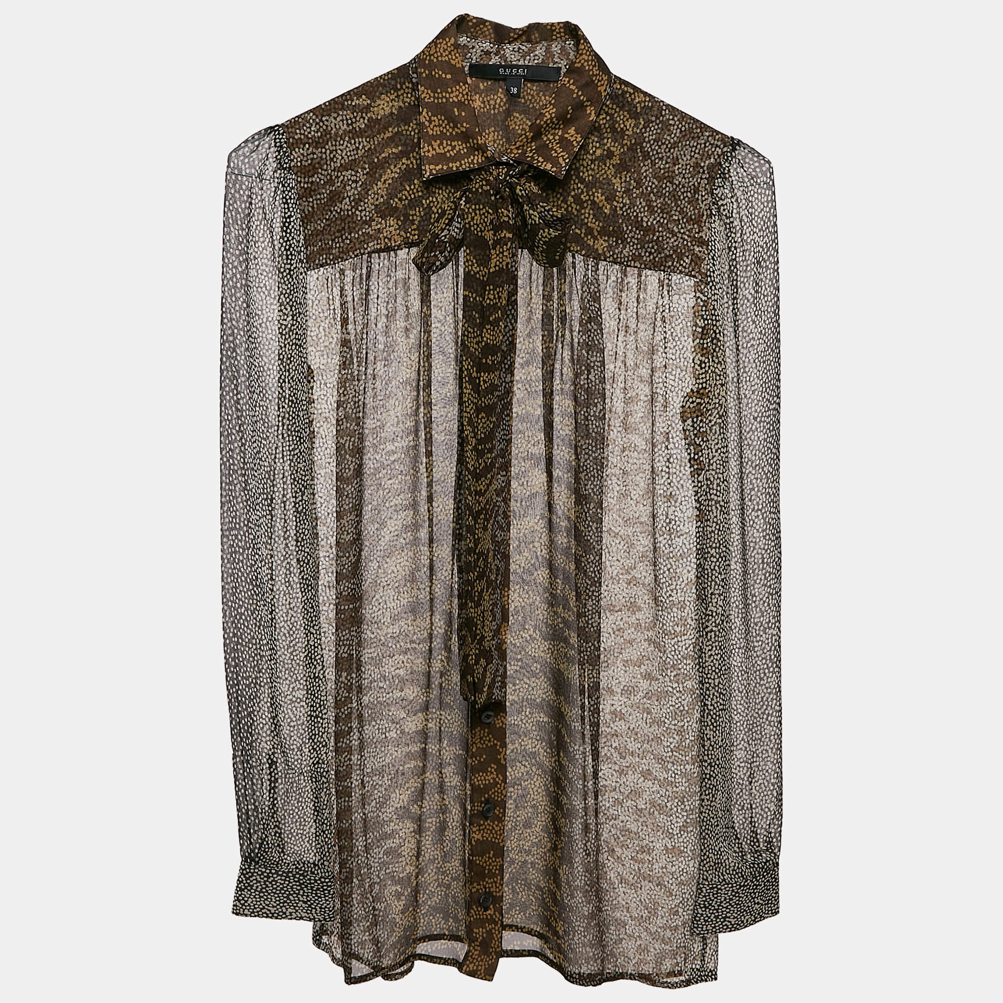 Pre Owned Gucci Brown Printed Chiffon Tie-Up Detail Sheer Shirt S