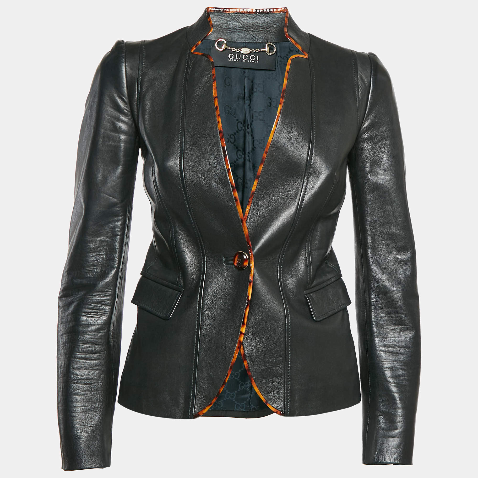 Pre Owned Gucci Black Contrast Trim Leather Button Front Jacket S