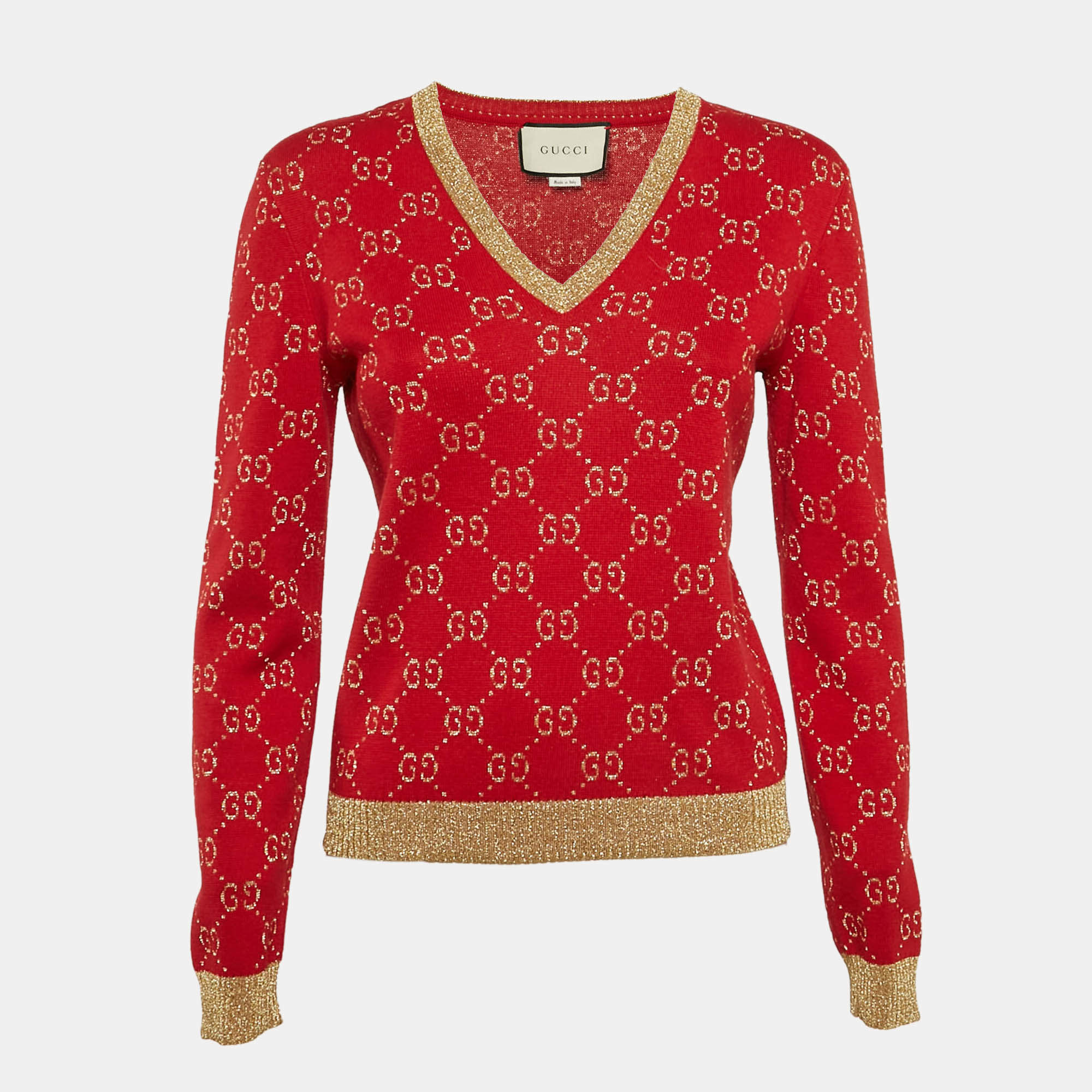 Gucci Red GG Lamé Knit V-Neck Sweater S