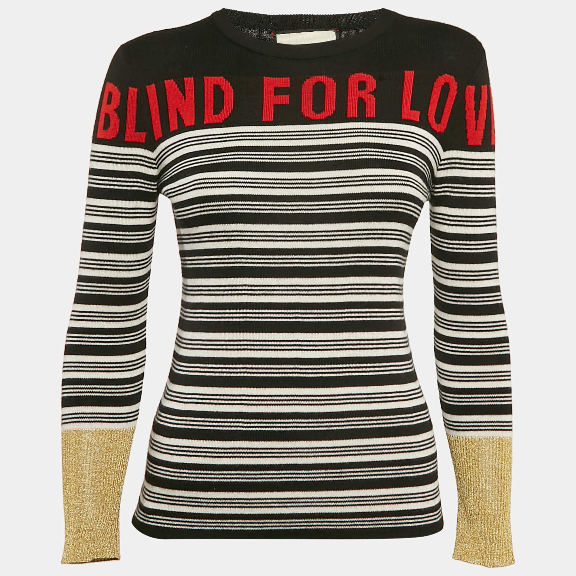 Pre Owned Gucci Black/White Blind For Love Intarsia  Lamé and Cashmere Knit Sweater XS