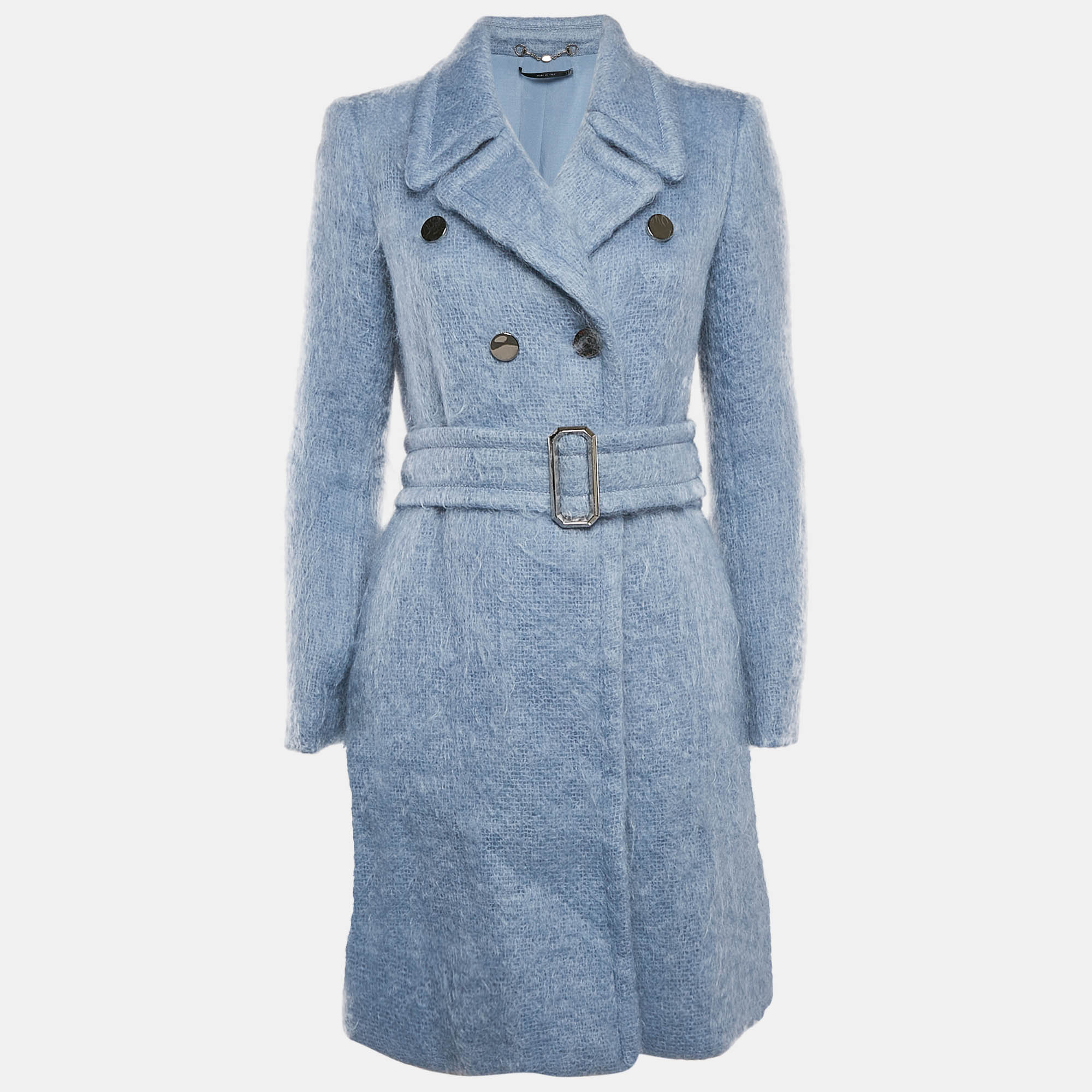 Gucci Blue Textured Mohair Double Breasted Mid-Length Coat S