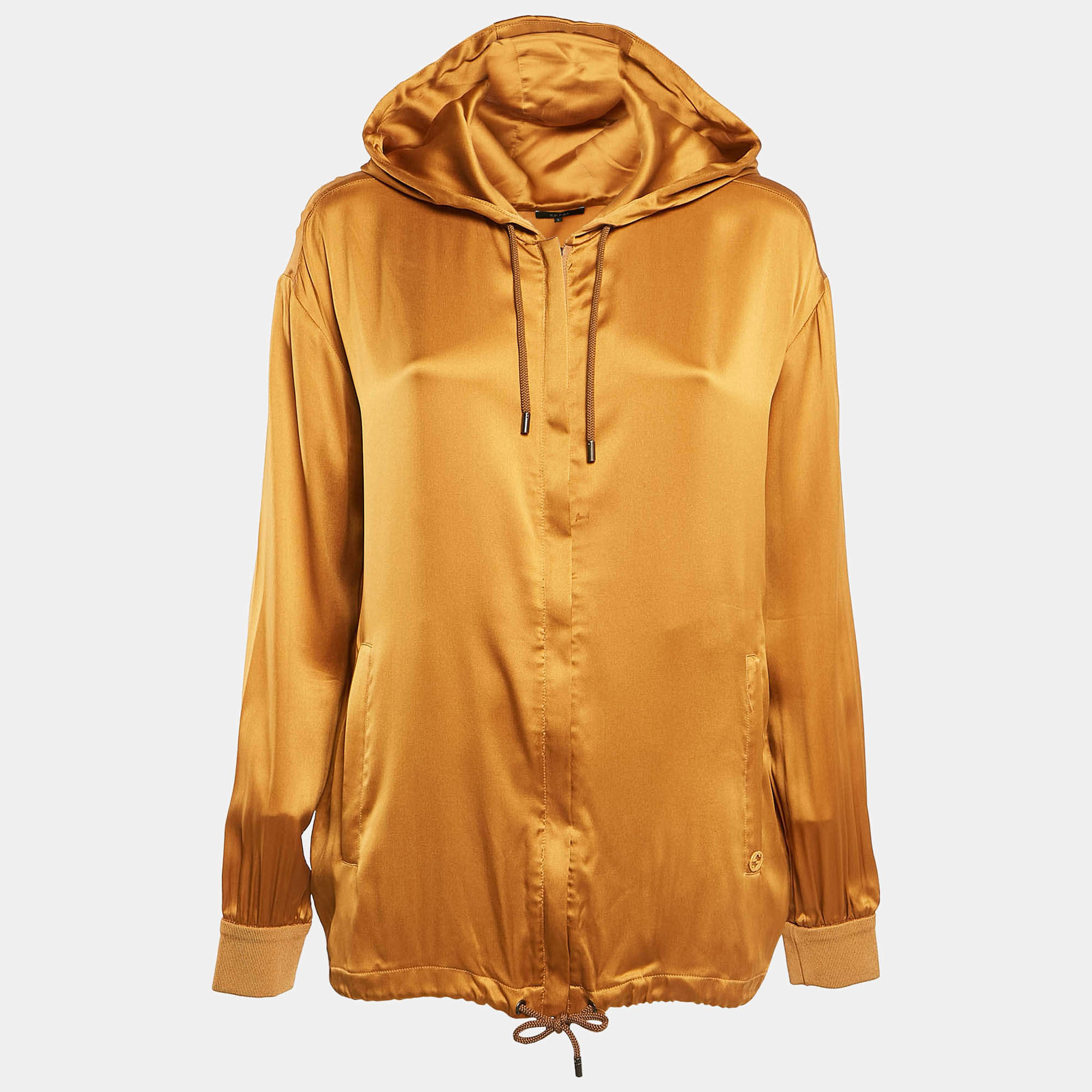 Pre Owned Gucci Mustard Yellow Satin Silk Zip-Up Hooded Jacket S