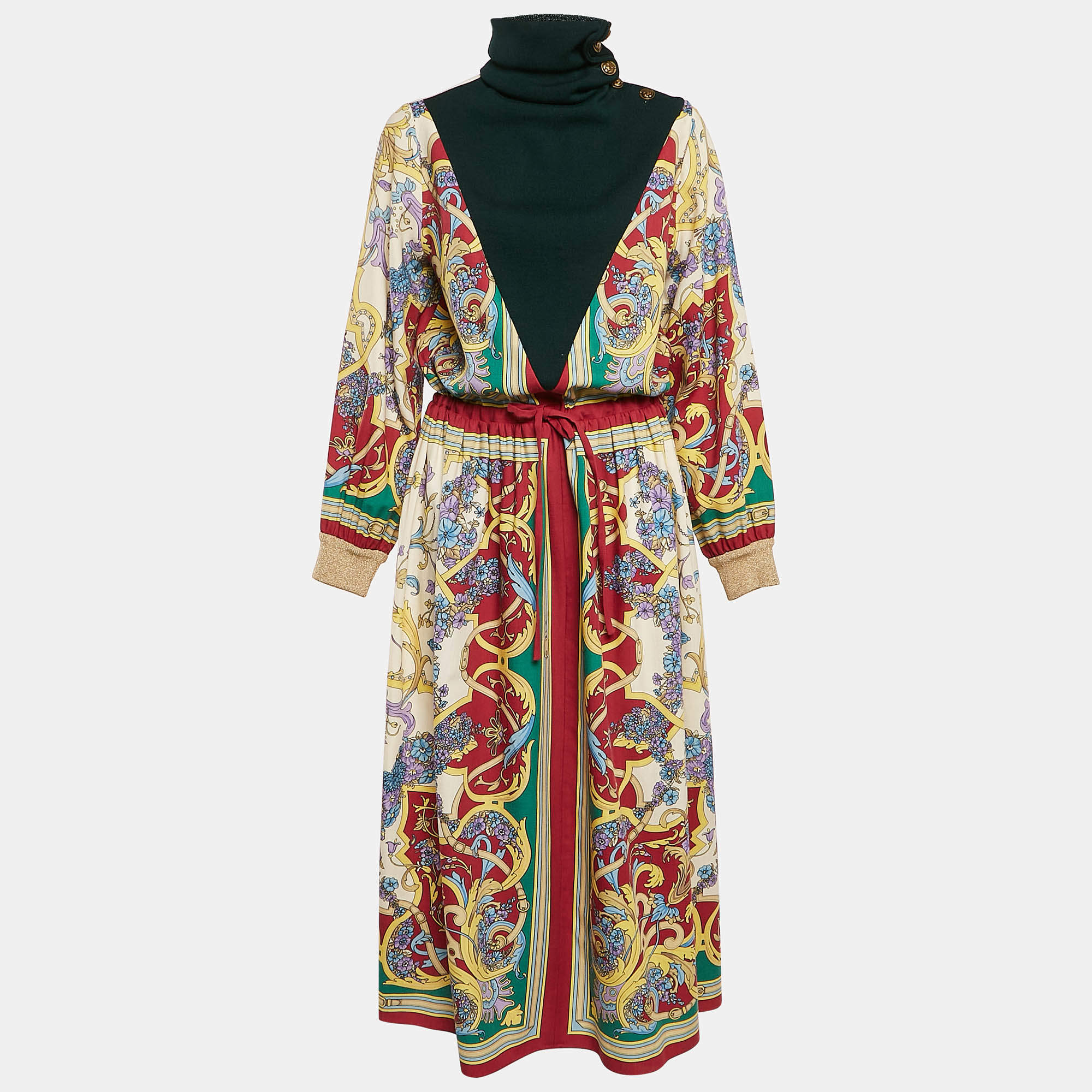 Gucci Cream Floral Print Wool Turtle Neck Flared Maxi Dress S