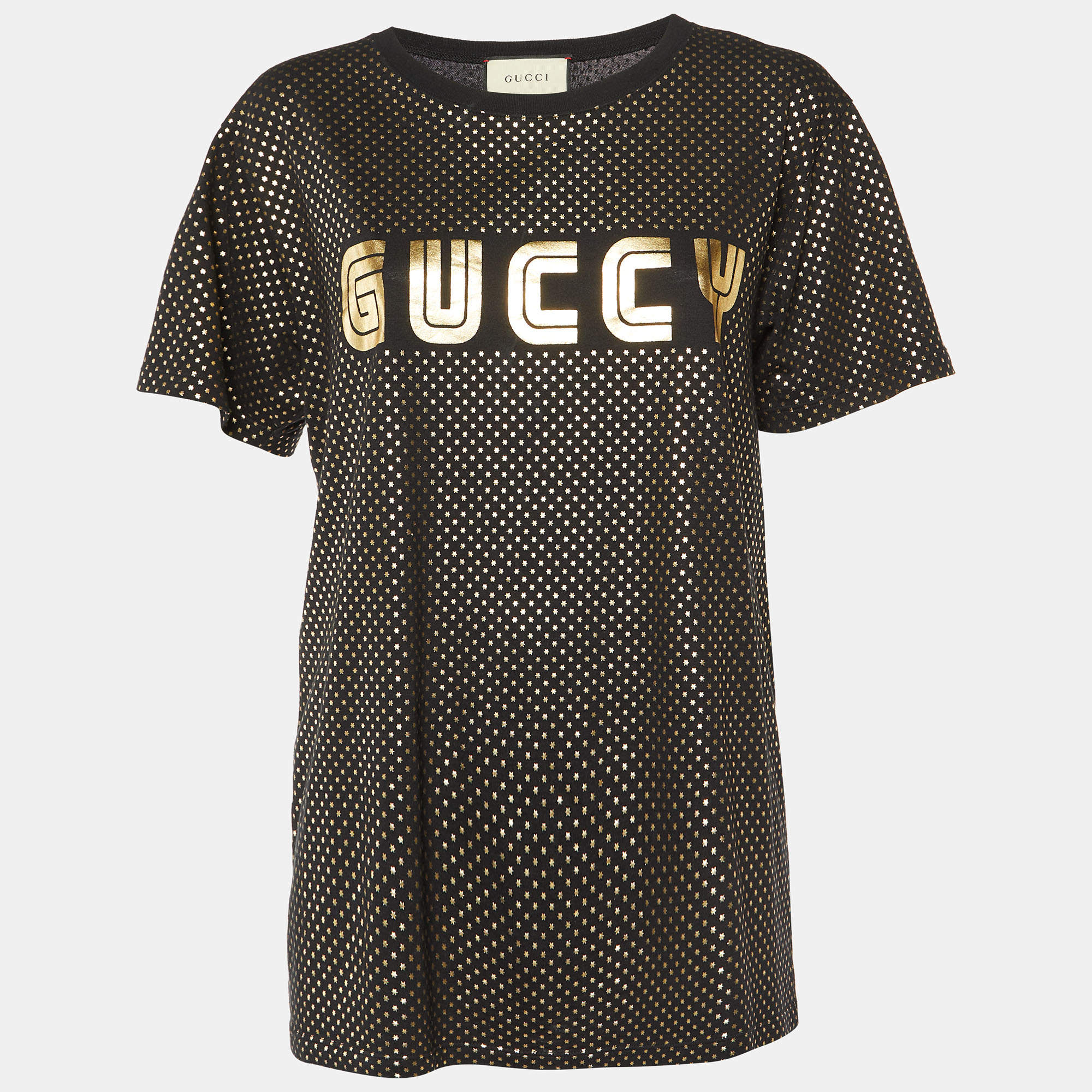 Pre Owned Gucci Black Guccy Star Print Cotton Crew Neck T-Shirt S