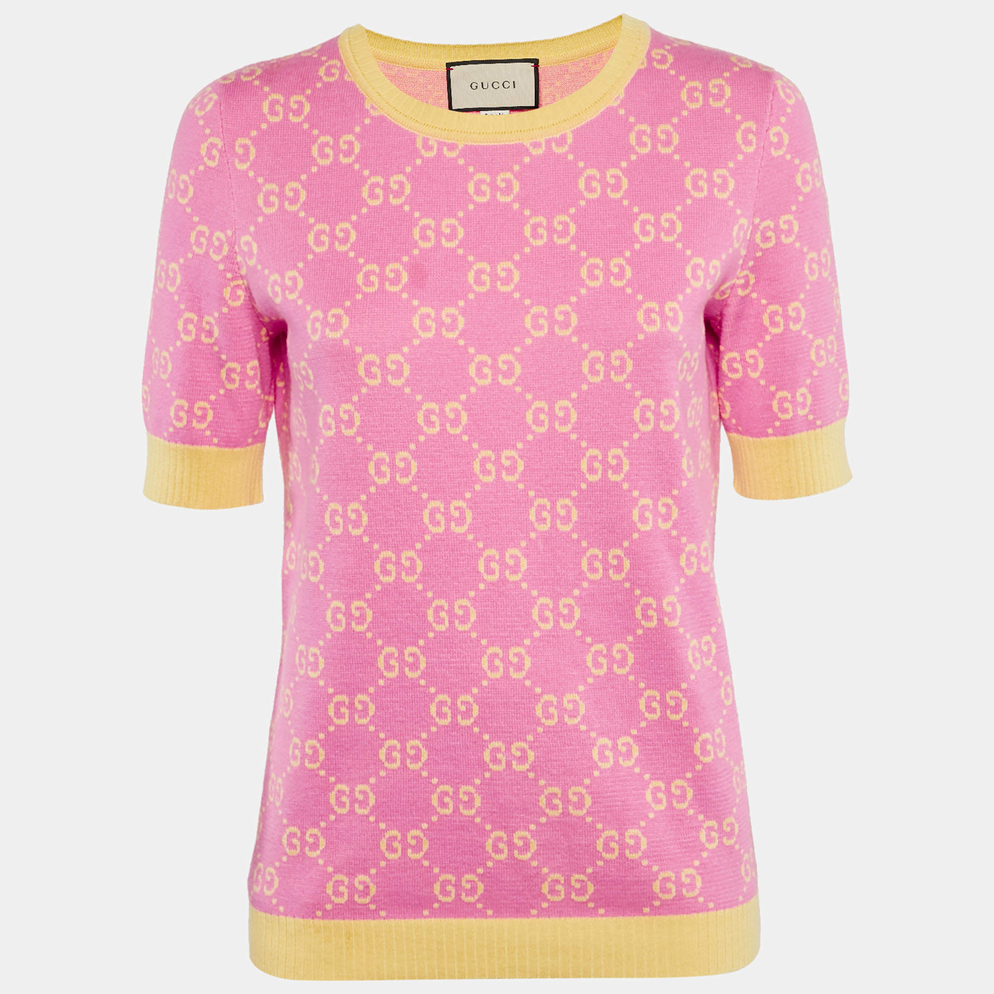 Pre Owned Gucci Pink/Yellow GG Supreme Jacquard Cotton Sweater Top L