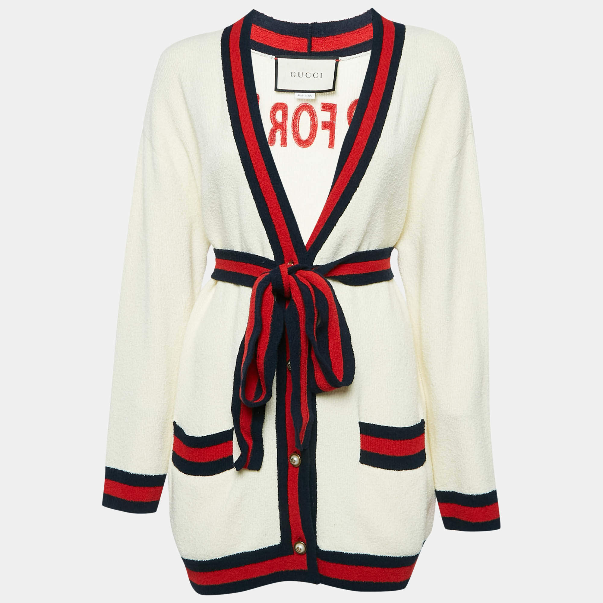 Pre Owned Gucci Cream 'Blind For Love' Cotton Belted Cardigan S