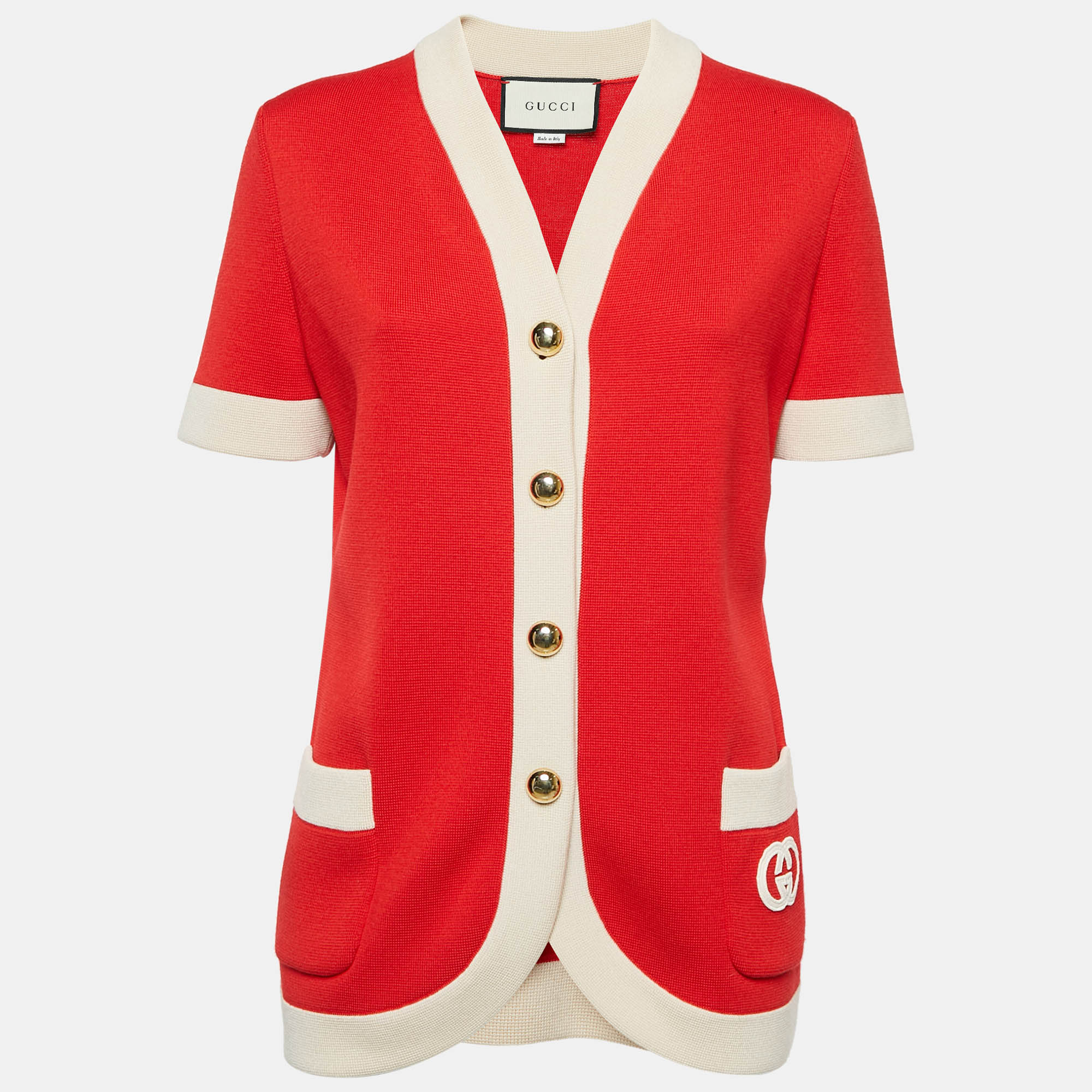 Pre Owned Gucci Red Interlocking G Wool Knit Button Front Cardigan M
