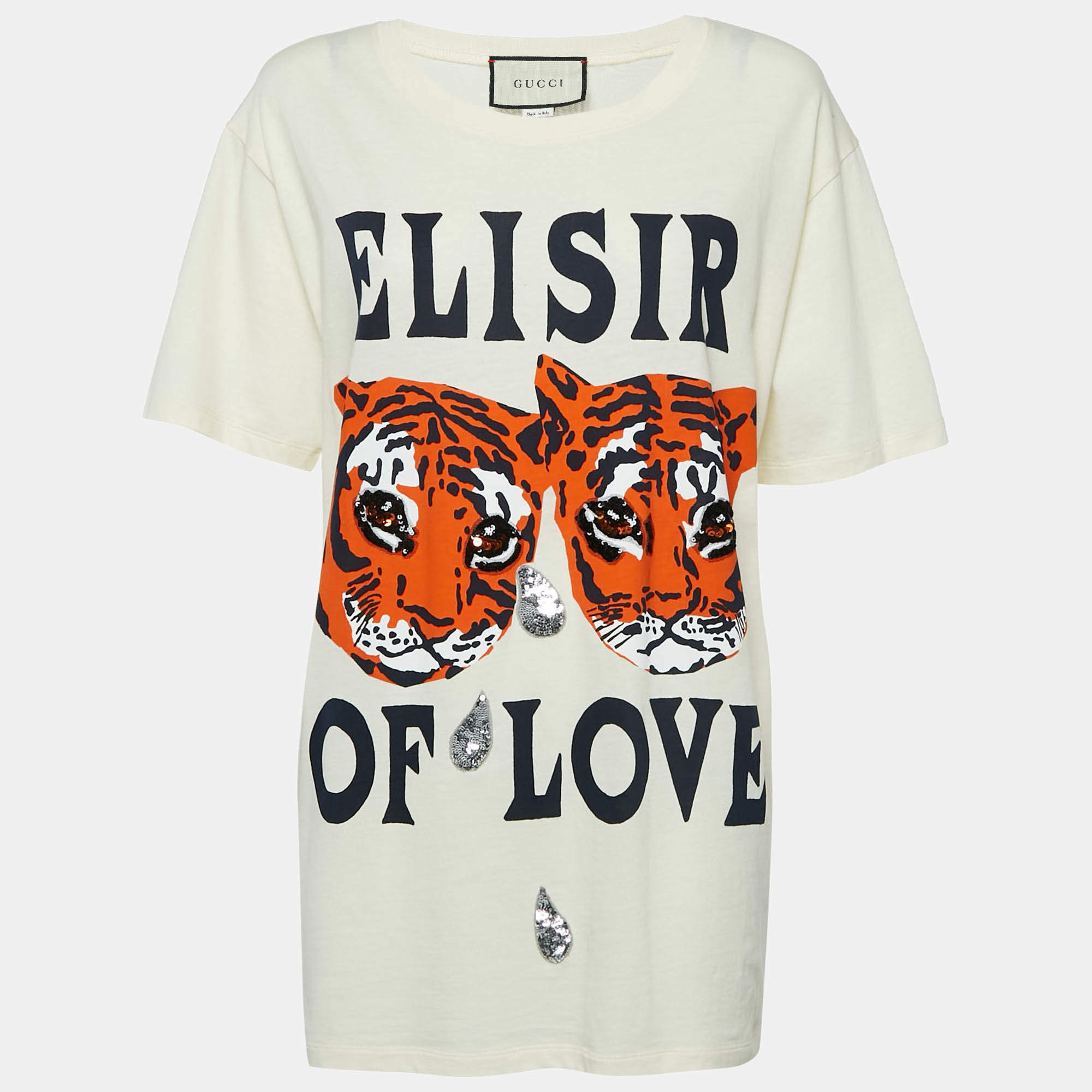 Pre Owned تي شيرت غوتشي قطن بقبة دائرية كريمي إليكسير الحب متوسط