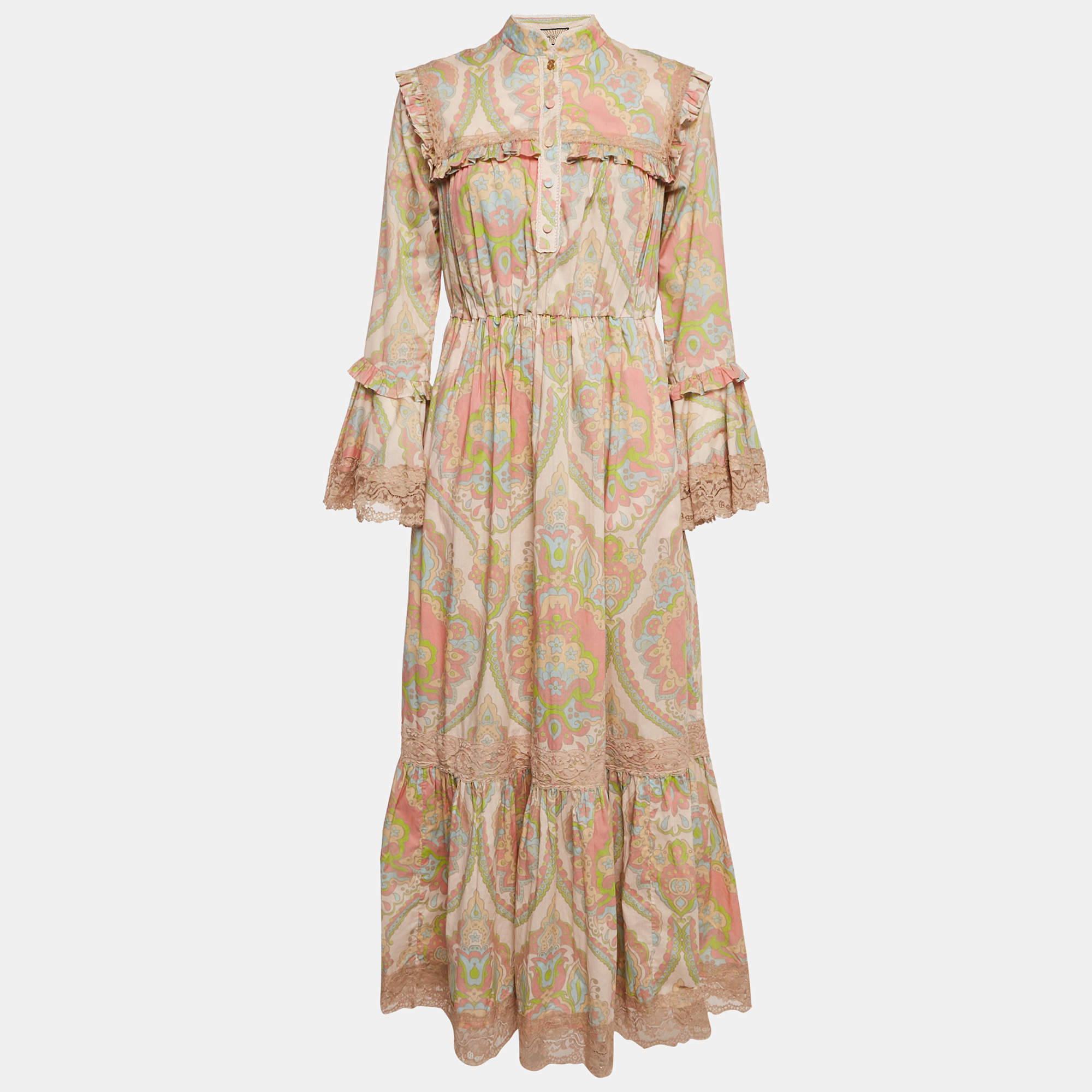 Gucci Pink Printed Silk Blend Ruffled Maxi Dress S