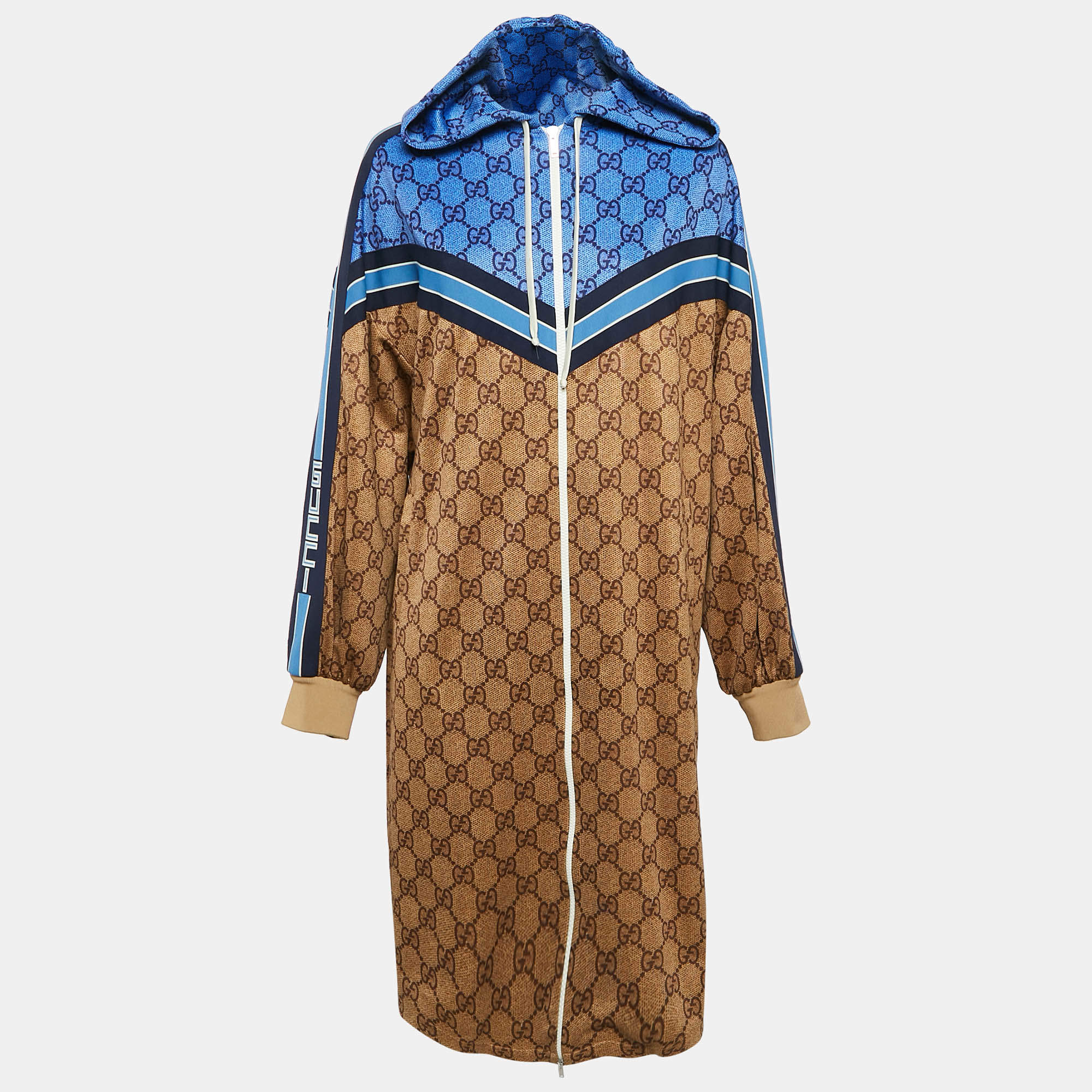 Gucci Brown GG Supreme Print Jersey Zip-Up Pleated Mini Dress S